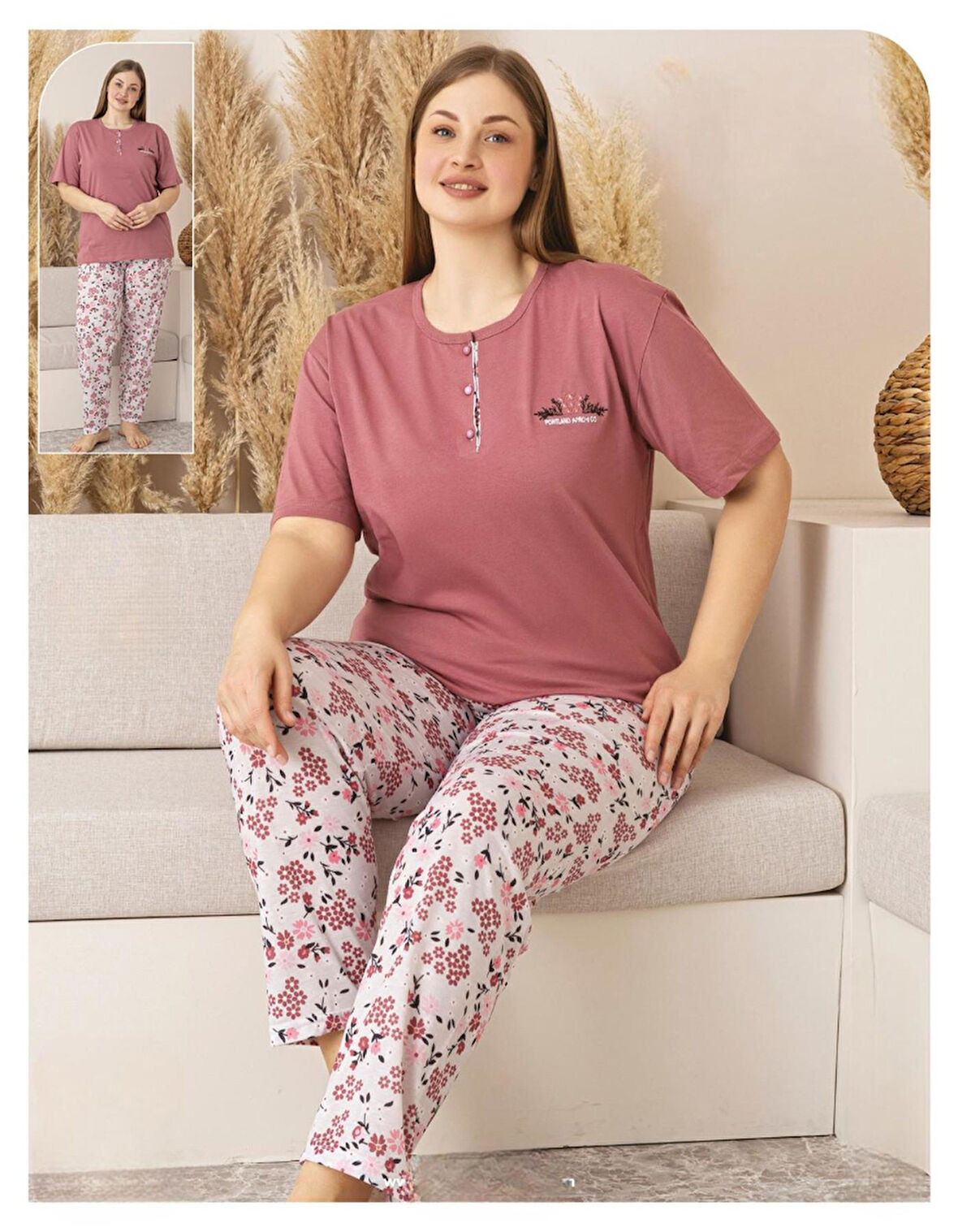 Sude Kadın Büyük Beden Düğme Yaka Penye Kısa Kol İnce Pijama Takımı P134 - 1 Adet