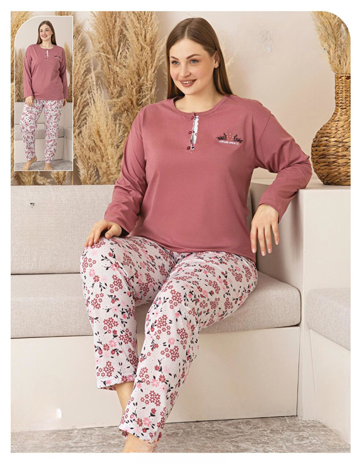 Sude Kadın Büyük Beden Düğme Yaka Penye Uzun Kol İnce Pijama Takımı P135 - 1 Adet