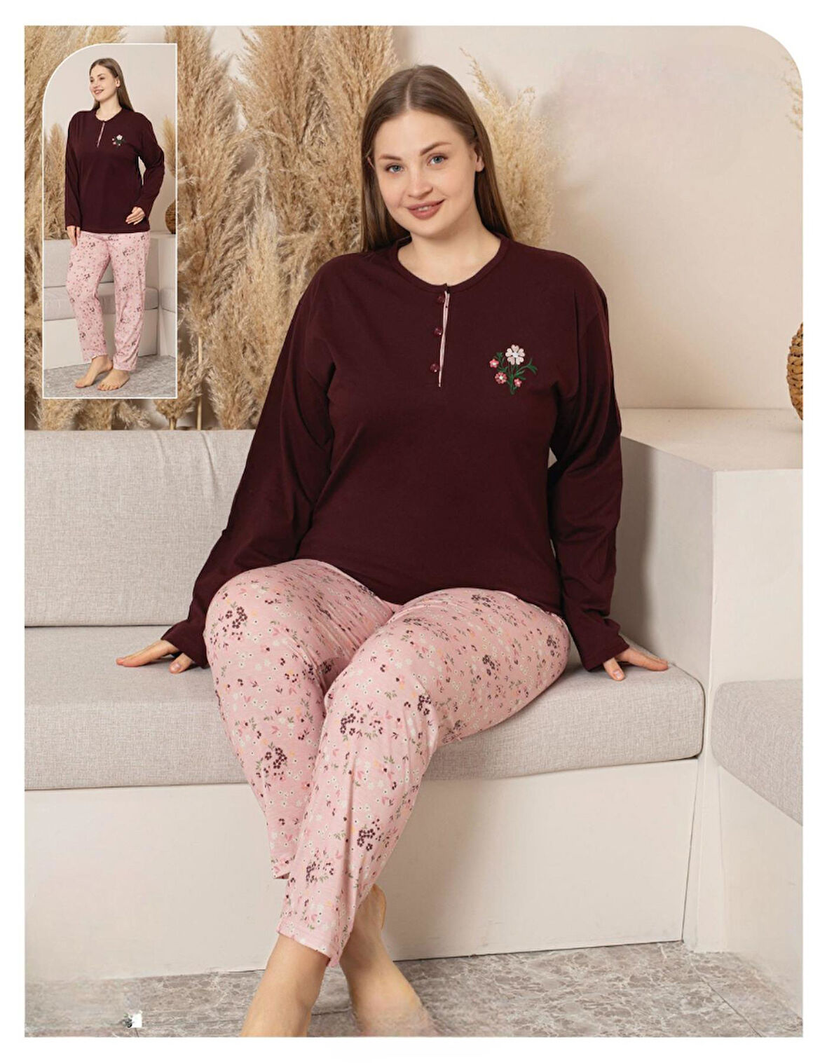 Sude Kadın Büyük Beden Düğme Yaka Penye Uzun Kol İnce Pijama Takımı A600-492 - 1 Adet