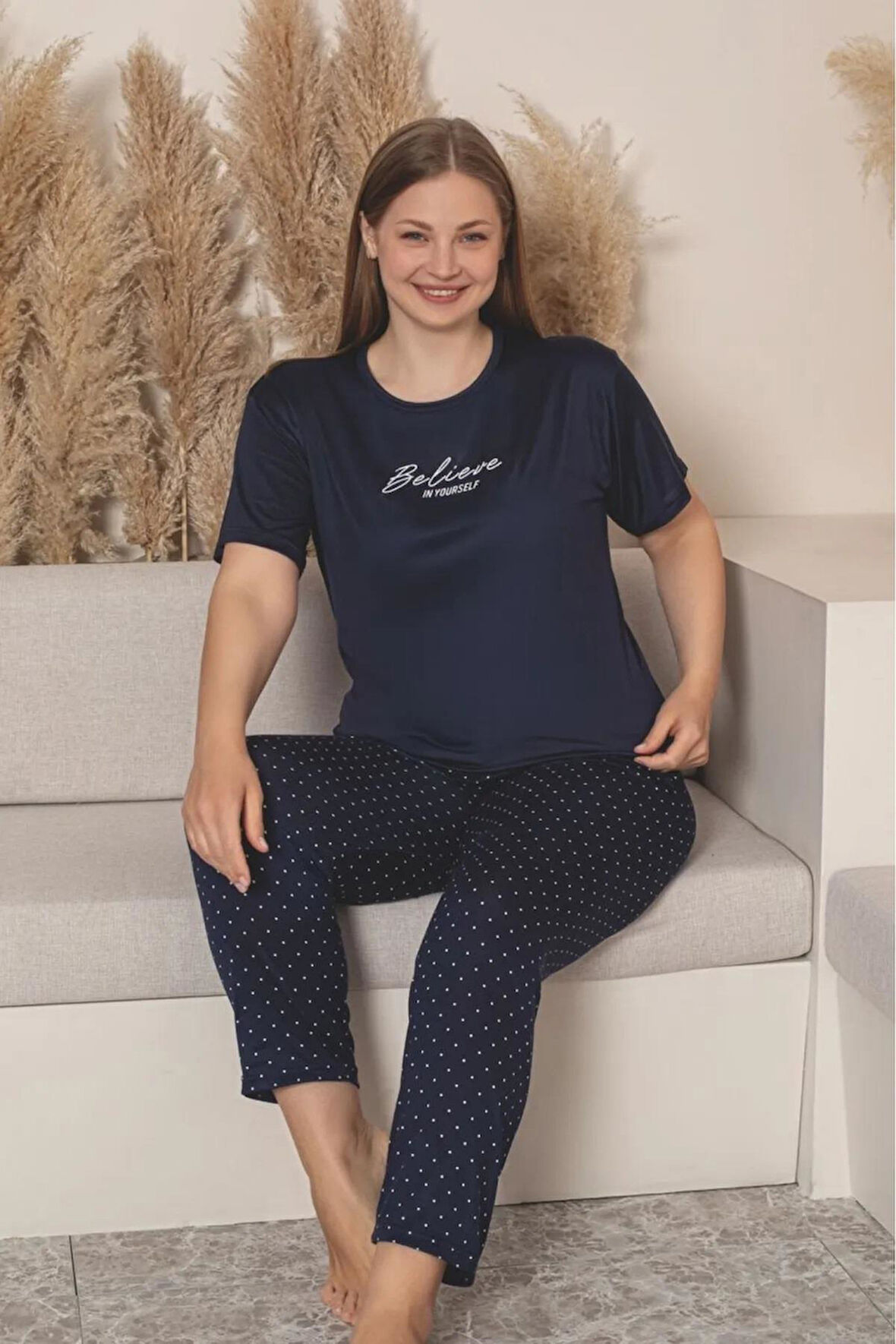 Charme Kadın Büyük Beden Bisiklet Yaka MİLAN Likralı Kısa Kol Pijama Takımı K601/254 - 1 Adet