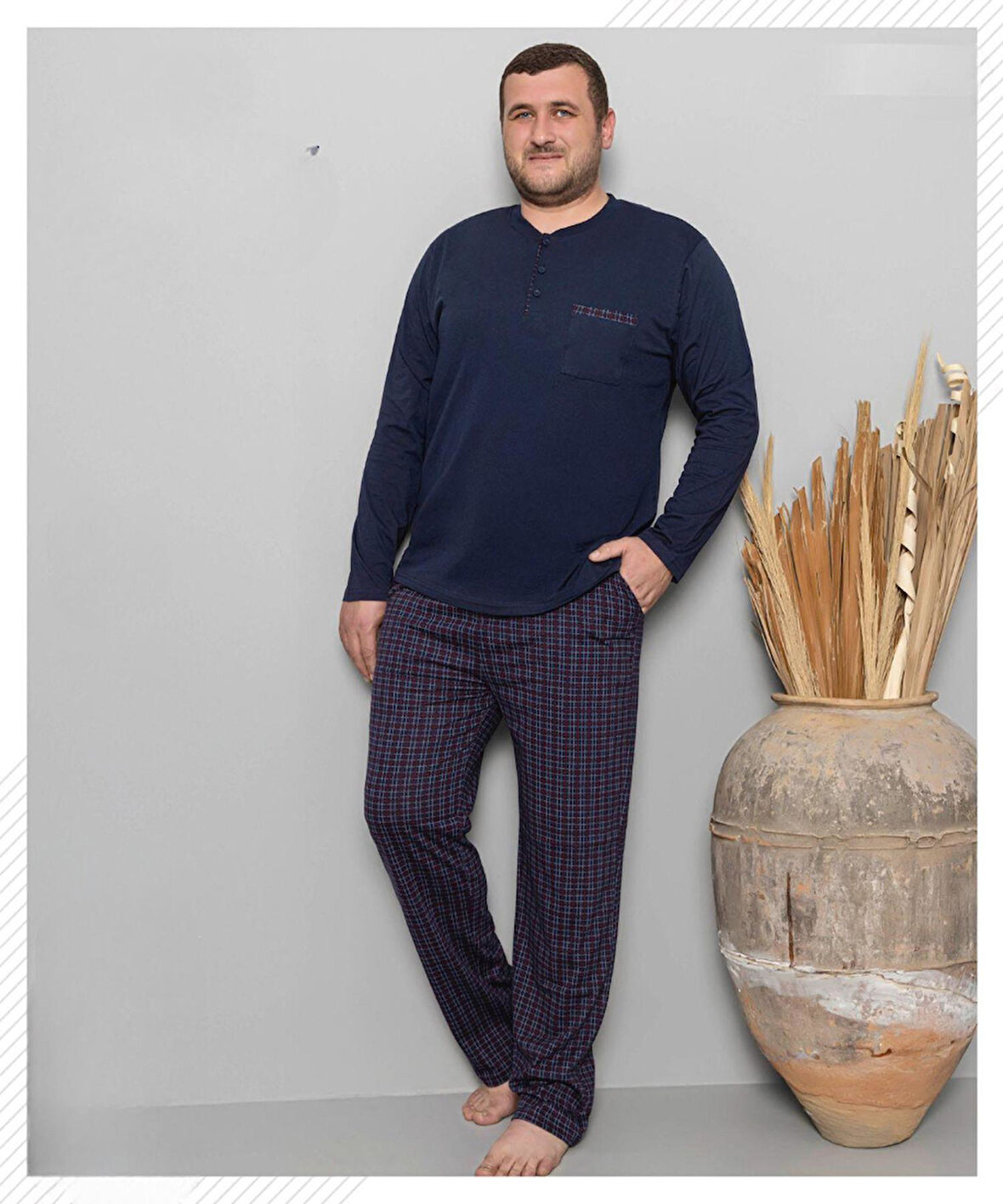 Pijamoni Erkek Battal Düğme Yaka Penye Uzun Kol  Pijama Takımı 6720/8 - 1 Adet