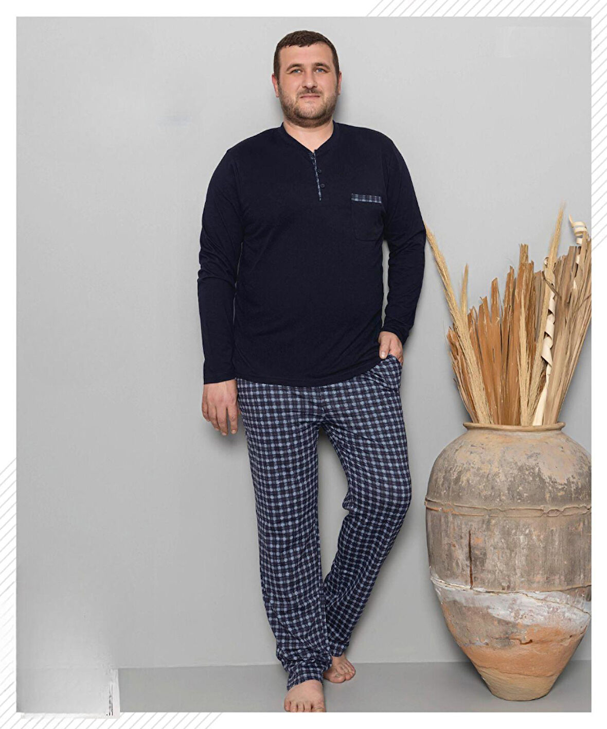 Pijamoni Erkek Battal Düğme Yaka Penye Uzun Kol  Pijama Takımı 6720/10 - 1 Adet