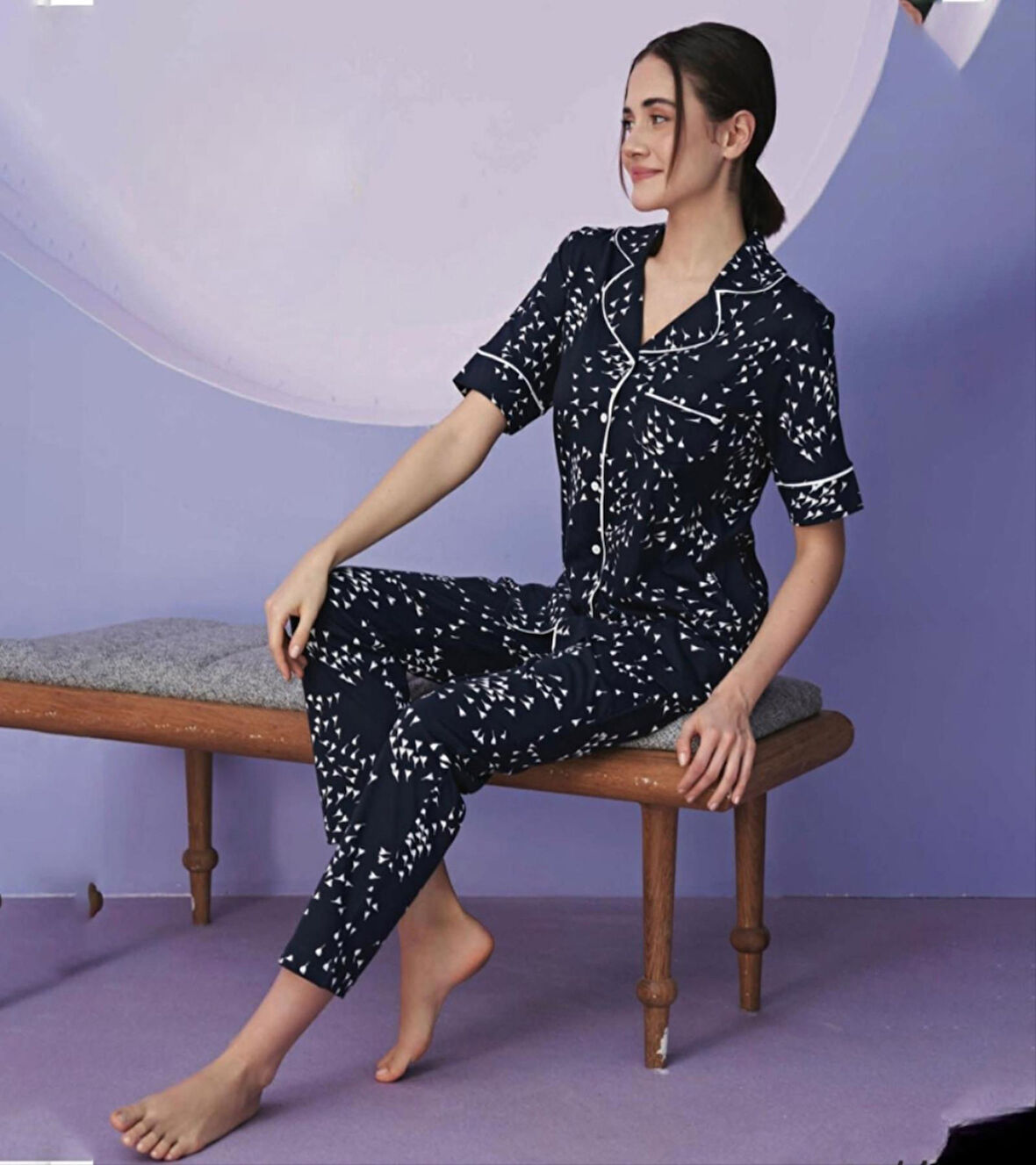 Miss Klein Kadın Büyük Beden Gömlek Yaka Pamuklu Likralı Kısa Kol Pijama Takımı 1130 - 1 Adet