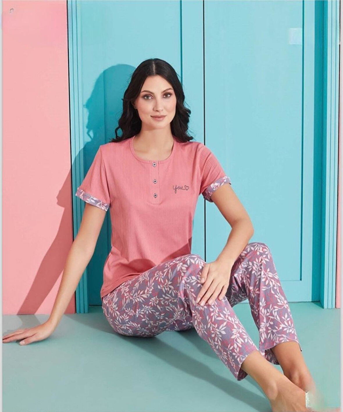 Pijamoni Kadın Viskoz Likralı Düğme Yaka Kaşkorse Patlı Kısa Kol Pijama Takımı 5520-2 / 1 Adet