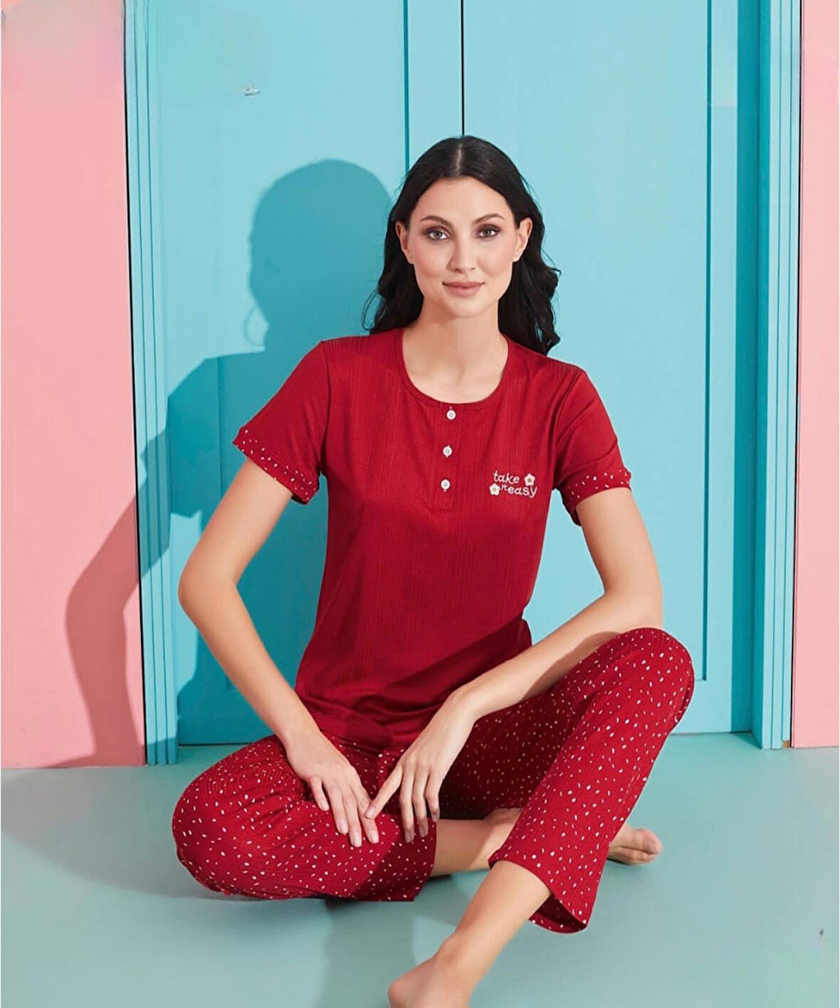 Pijamoni Kadın Viskoz Likralı Düğme Yaka Kaşkorse Patlı Kısa Kol Pijama Takımı 5520-3 / 1 Adet