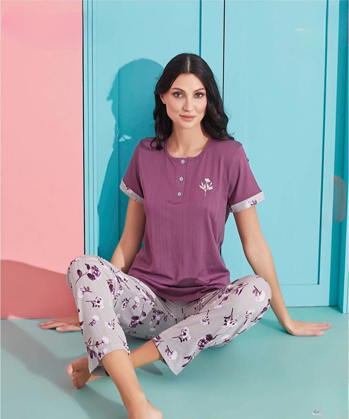 Pijamoni Kadın Viskoz Likralı Düğme Yaka Kaşkorse Patlı Kısa Kol Pijama Takımı 5520-5 / 1 Adet