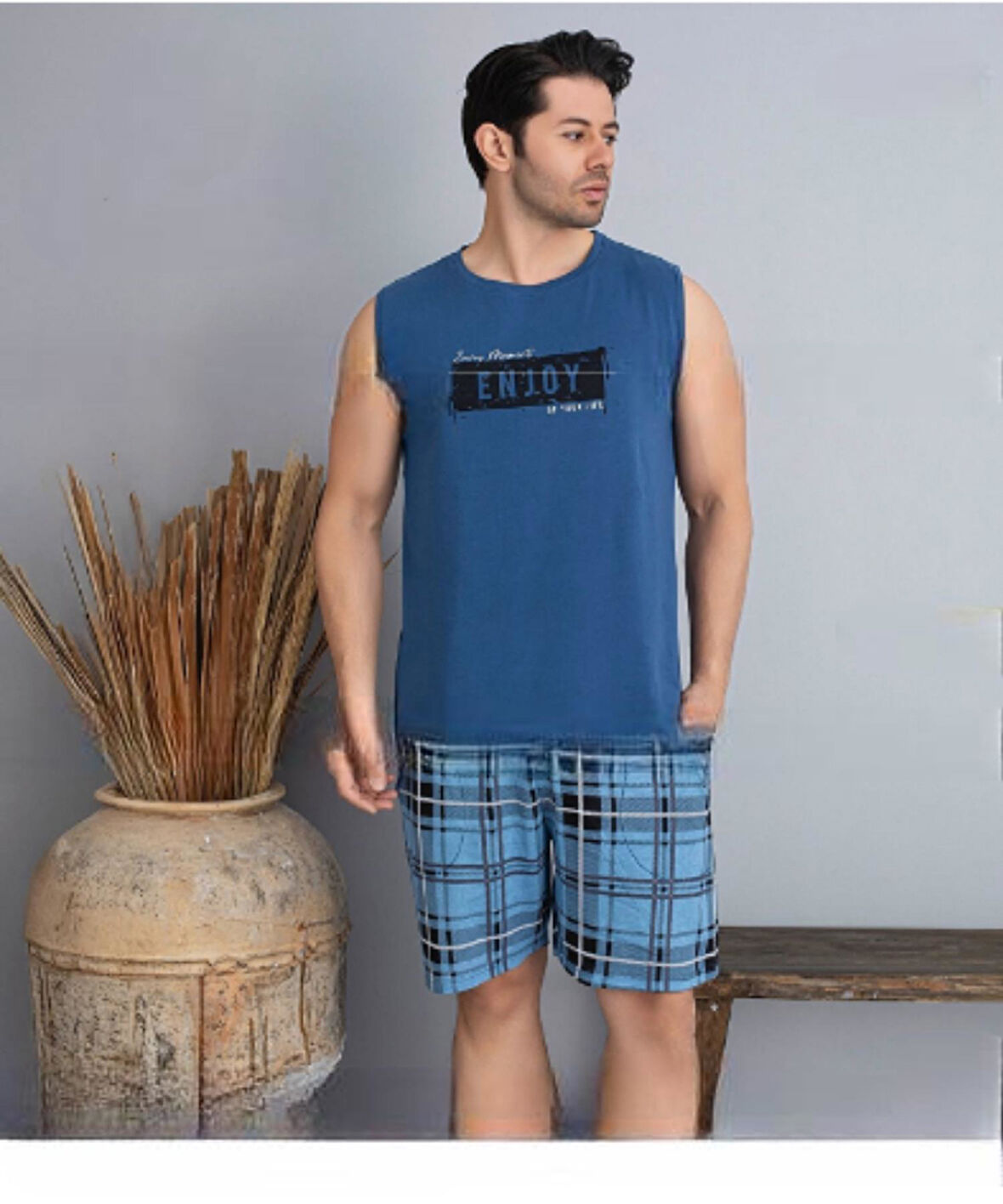 Pijamoni Erkek Bisiklet Yaka Kolsuz Şortlu Pijama Takımı 6185/10 - 1 Adet