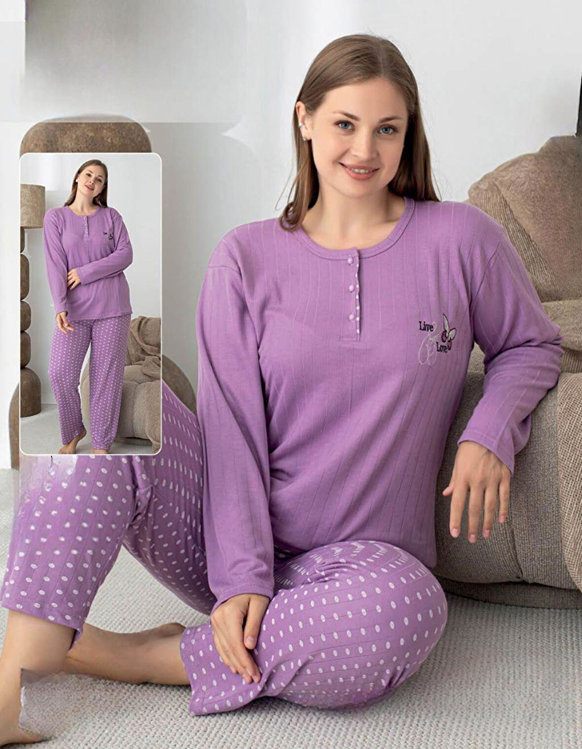 Lindros Kadın Pamuk'lu Düğme Yaka Raporlu İnterlok KIŞLIK Battal Pijama Takımı 05143 - 1 Adet