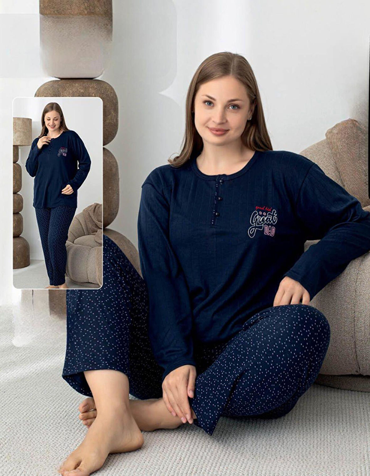 Lindros Kadın Pamuk'lu Düğme Yaka Raporlu İnterlok KIŞLIK Battal Pijama Takımı 05147 - 1 Adet