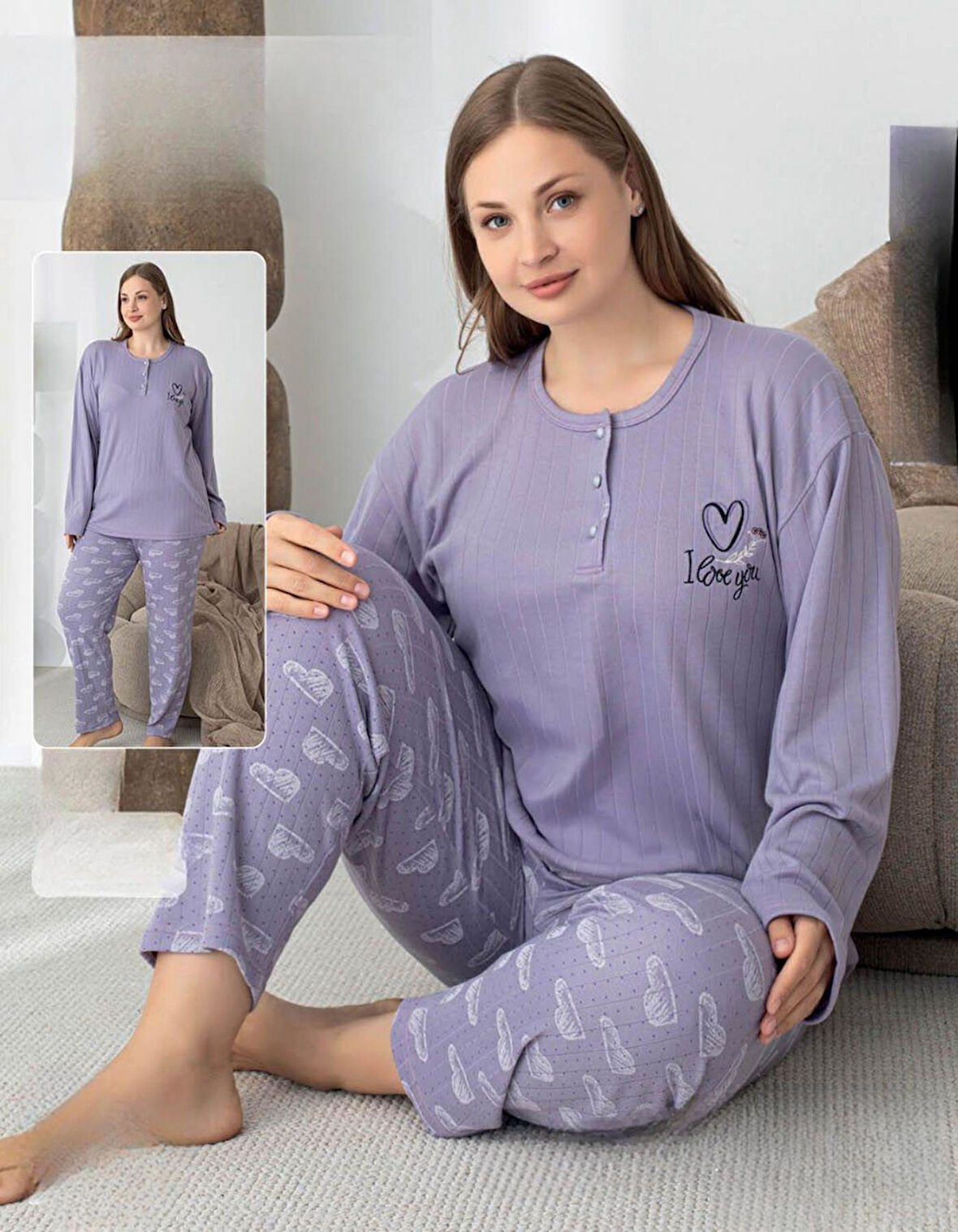 Lindros Kadın Pamuk'lu Düğme Yaka Raporlu İnterlok KIŞLIK Battal Pijama Takımı 05150 - 1 Adet