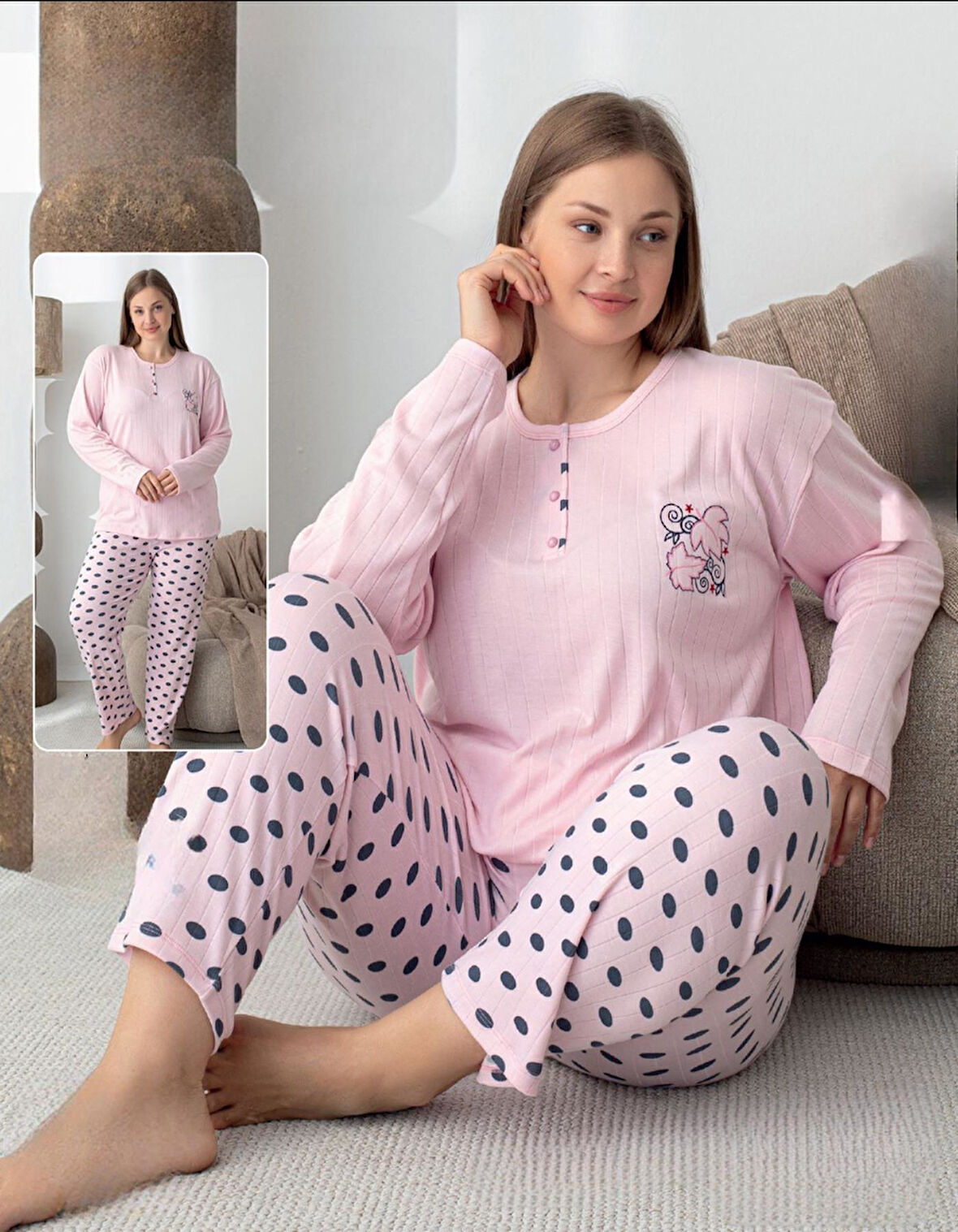 Lindros Kadın Pamuk'lu Düğme Yaka Raporlu İnterlok KIŞLIK Battal Pijama Takımı 05151 - 1 Adet