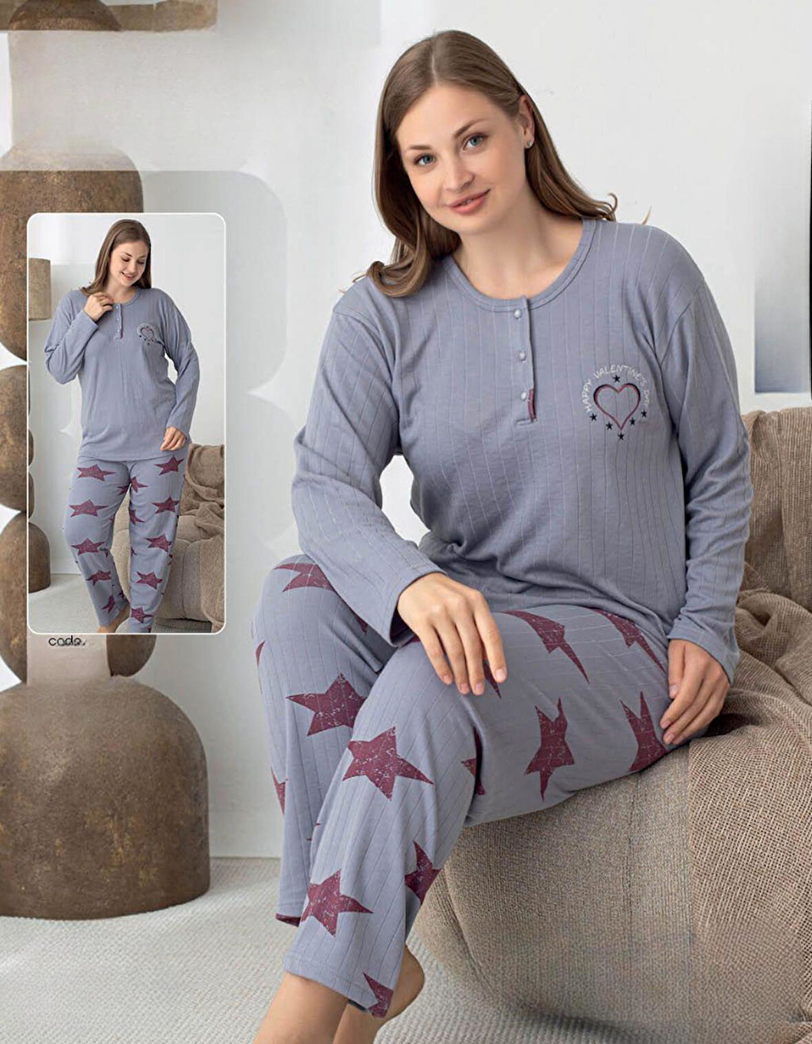 Lindros Kadın Pamuk'lu Düğme Yaka Raporlu İnterlok KIŞLIK Battal Pijama Takımı 05144 - 1 Adet 