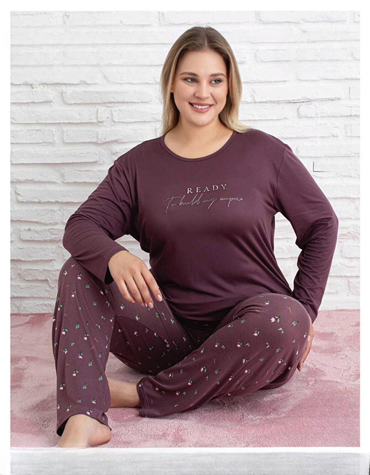 Pijamoni Kadın Milan Büyük Beden Bisiklet Yaka Uzun Kol İnce Pijama Takımı 7666/31 - 1 Adet