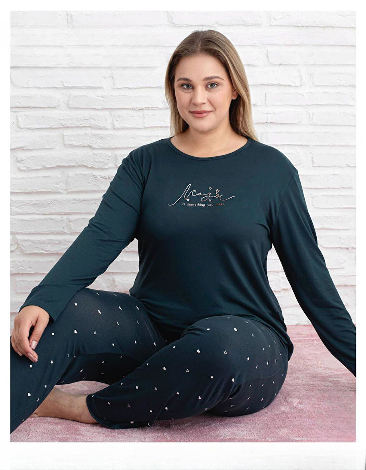 Pijamoni Kadın Milan Büyük Beden Bisiklet Yaka Uzun Kol İnce Pijama Takımı 7666/33 - 1 Adet