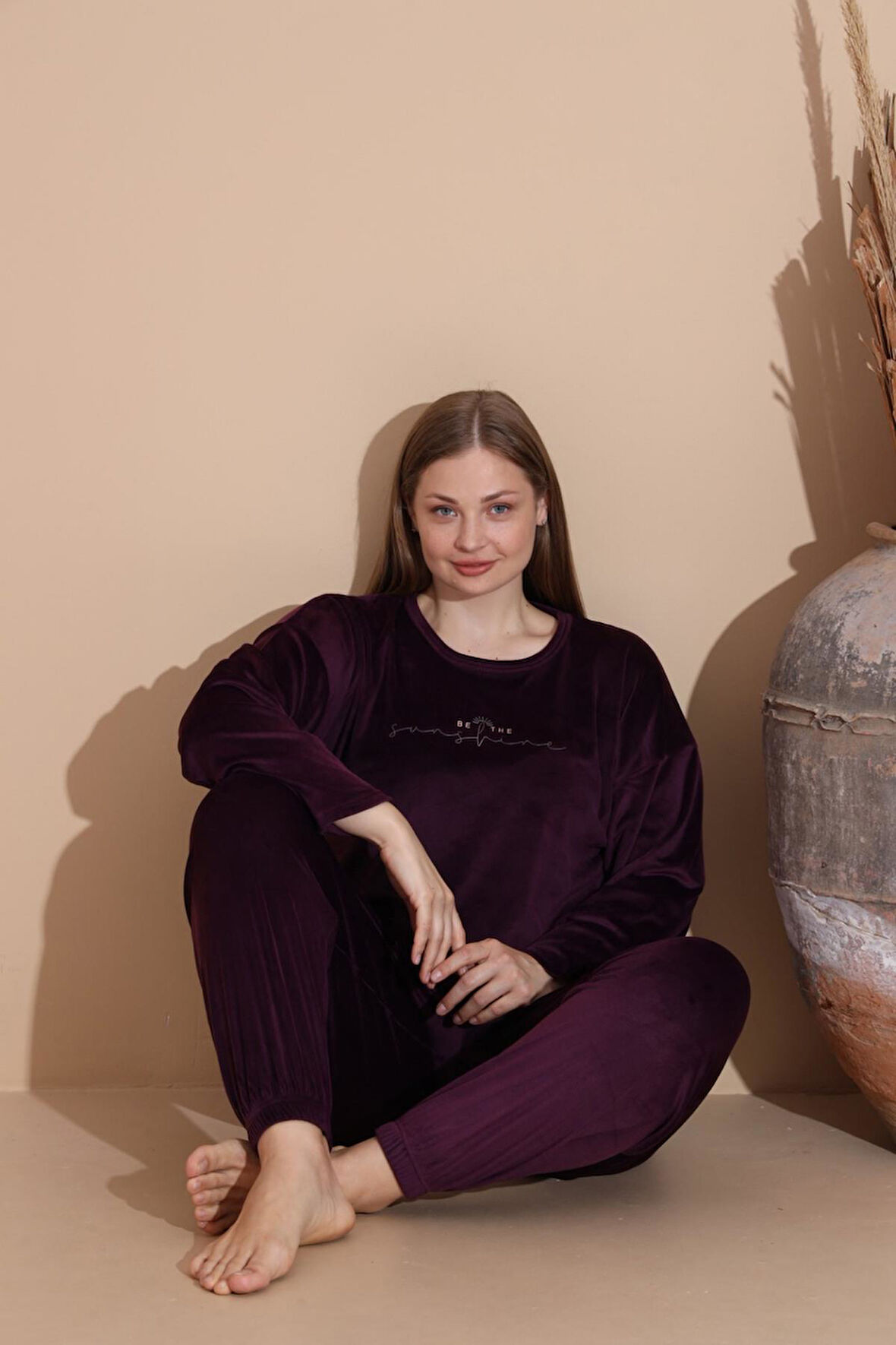 Boyraz Kadın KIŞLIK Fransız Kadife Büyük Beden Bisiklet Yaka Uzun Kol Pijama Takımı 03143 - 1 Adet