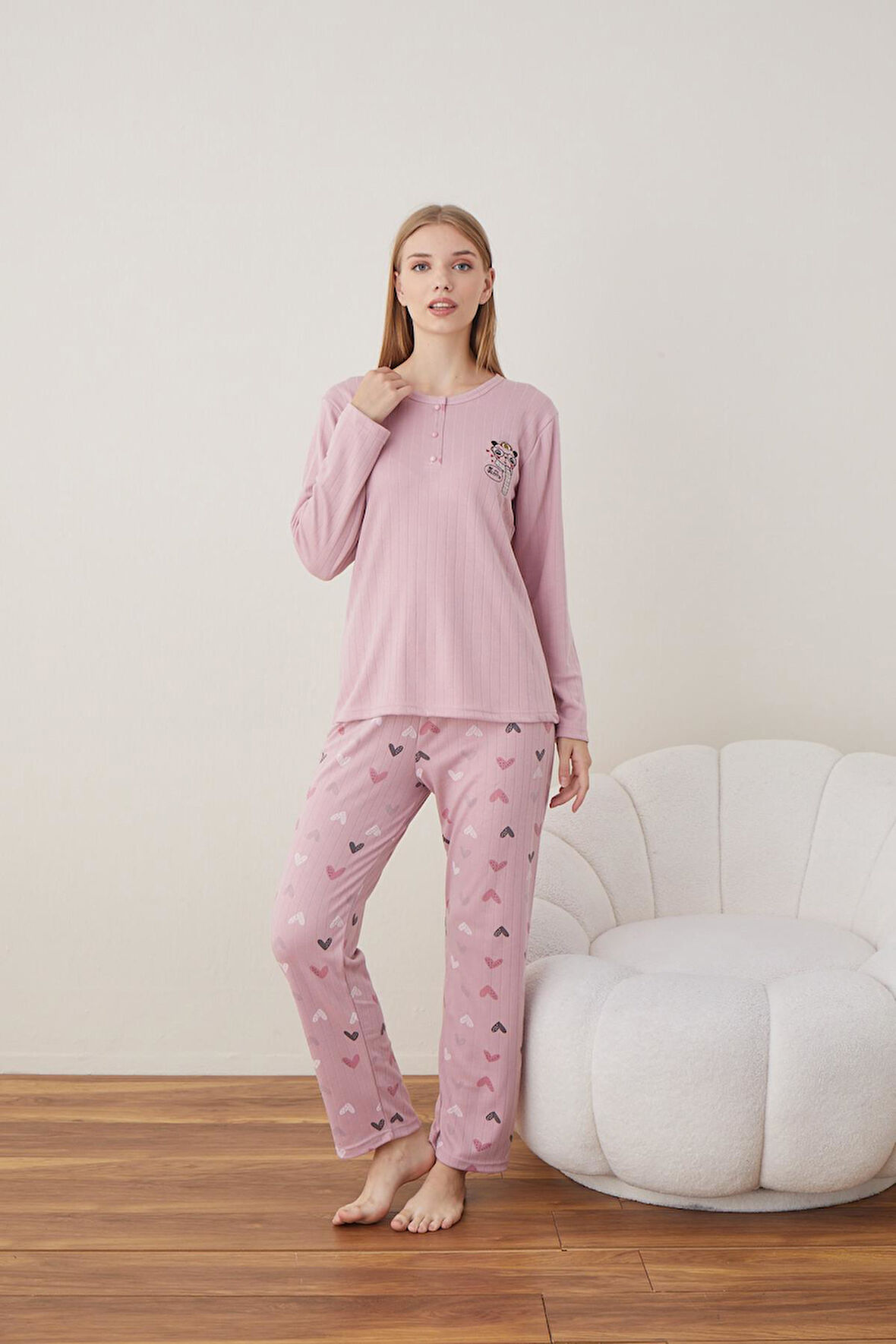 Lindros Kadın Pamuk'lu Düğme Yaka Raporlu İnterlok KIŞLIK Pijama Takımı 05011 - 1 Adet 