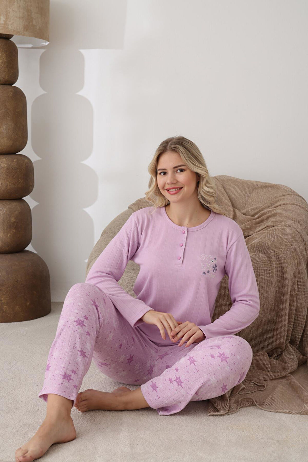 Lindros Kadın Pamuk'lu Düğme Yaka Raporlu İnterlok KIŞLIK Pijama Takımı 05163 - 1 Adet 