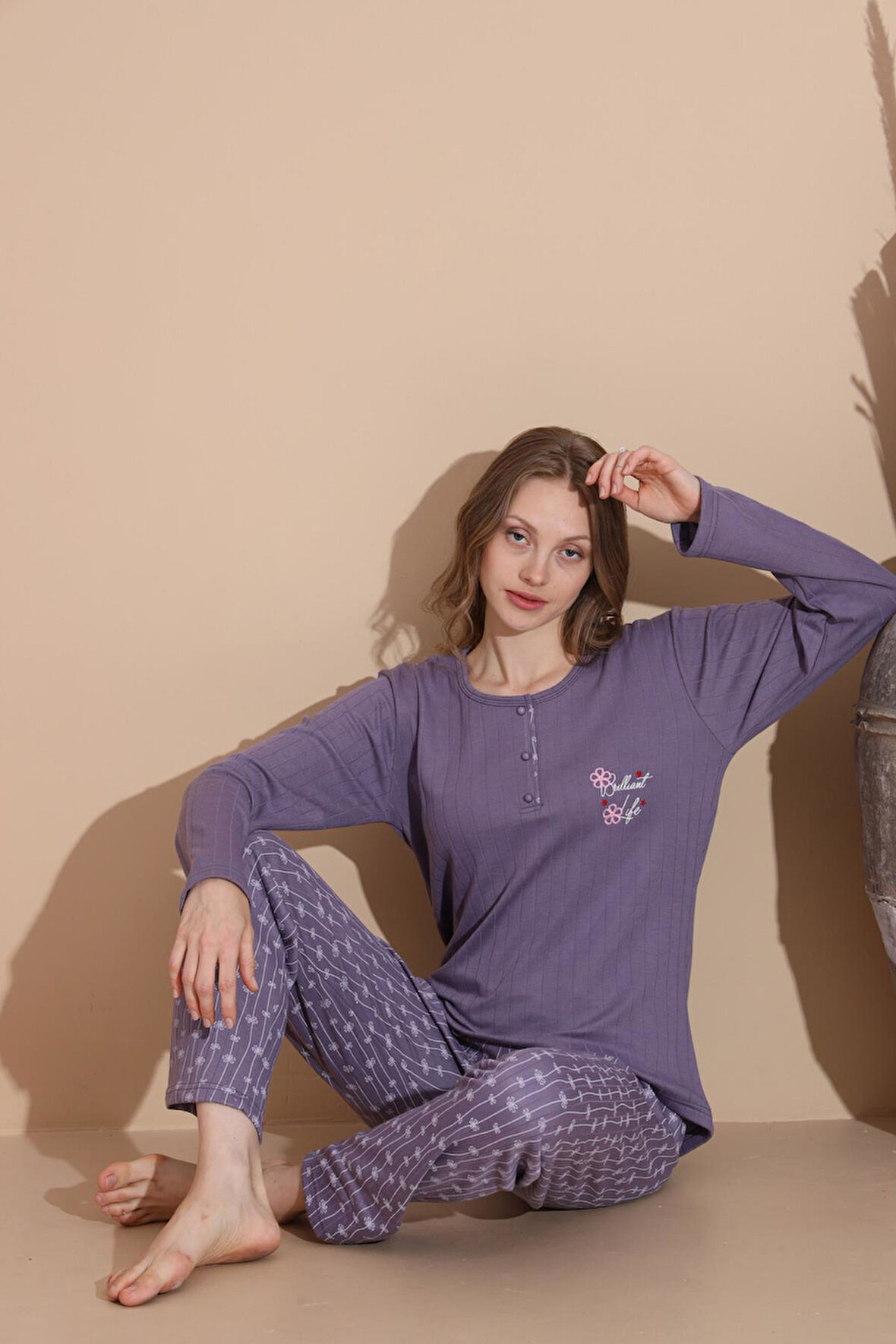 Lindros Kadın Pamuk'lu Düğme Yaka Raporlu İnterlok KIŞLIK Pijama Takımı 05040 - 1 Adet 