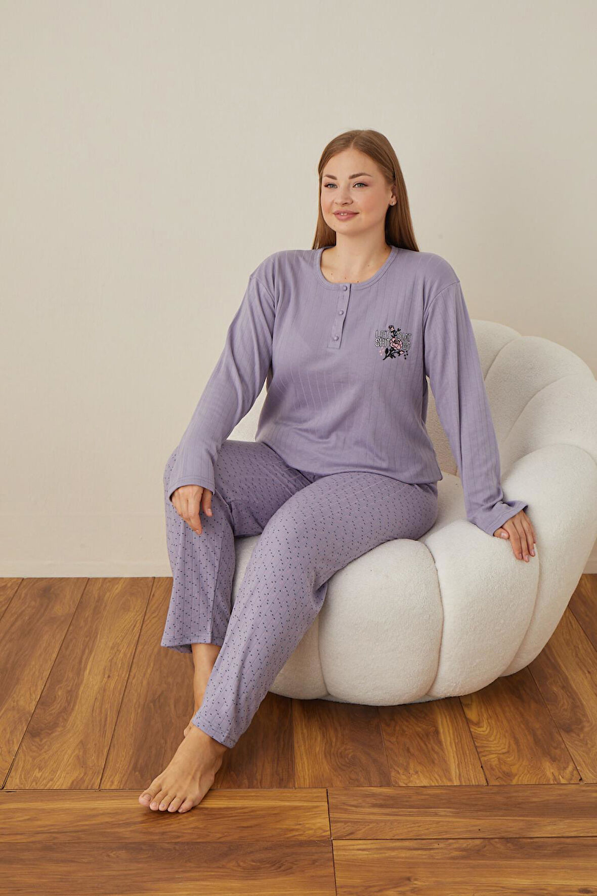 Lindros Kadın Pamuk'lu Düğme Yaka Raporlu İnterlok KIŞLIK Battal Pijama Takımı 05104 - 1 Adet 