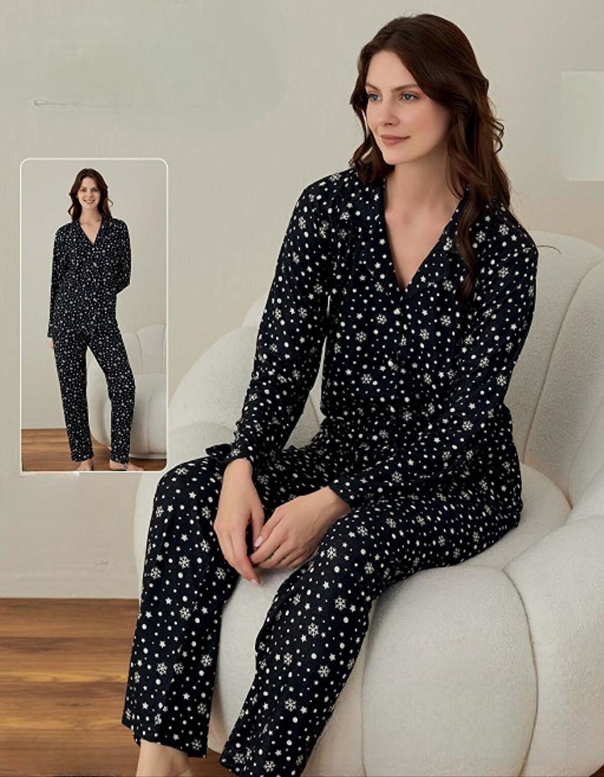 Boyraz Kadın İnce Süet Boydan Düğmeli KIŞLIK Pijama Takımı 02019- 1 Adet
