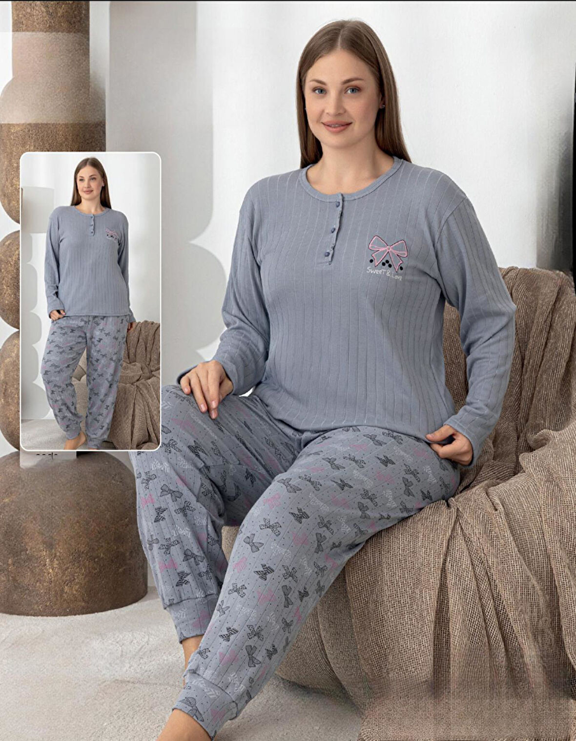 Lindros Kadın Pamuk'lu Düğme Yaka Raporlu İnterlok KIŞLIK Battal Pijama Takımı 0243 - 1 Adet 