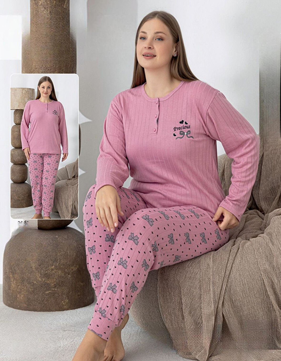 Lindros Kadın Pamuk'lu Düğme Yaka Raporlu İnterlok KIŞLIK Battal Pijama Takımı 0255 - 1 Adet 