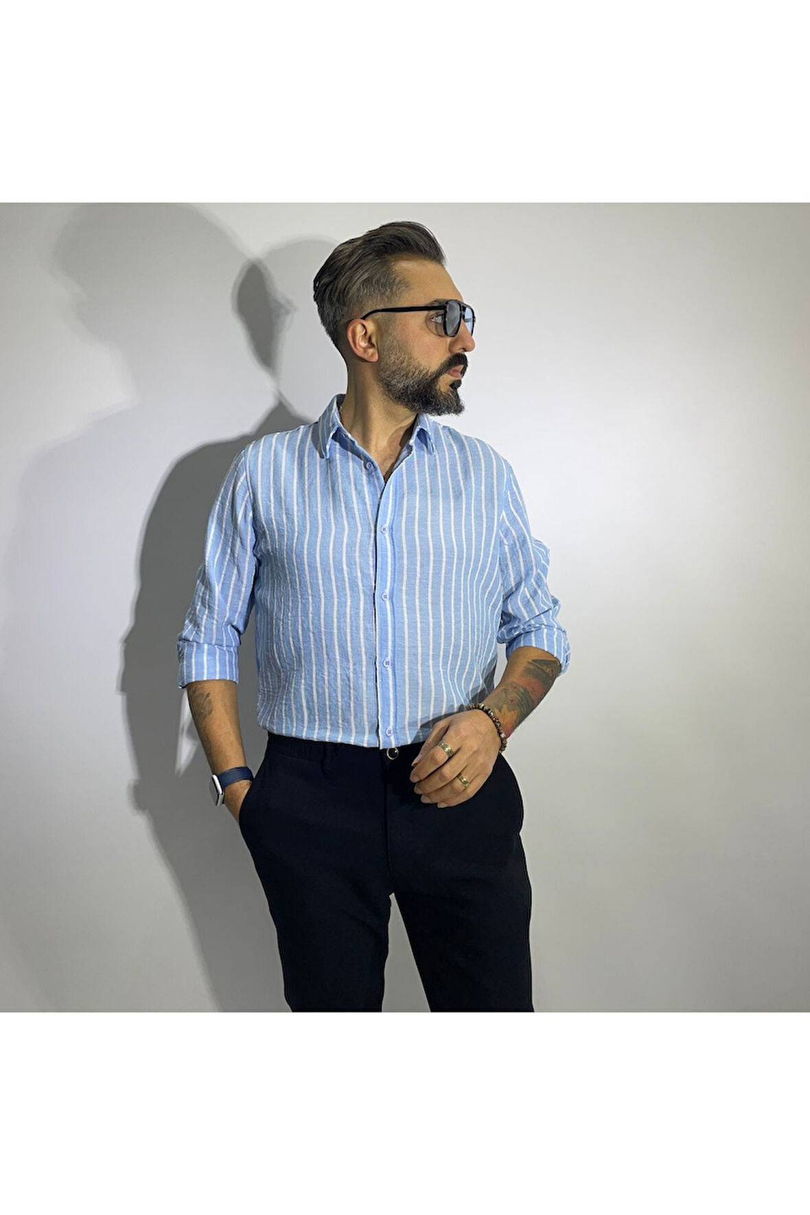 Çizgili Keten-Pamuk Regular Fit Uzun Kollu Erkek Gömlek