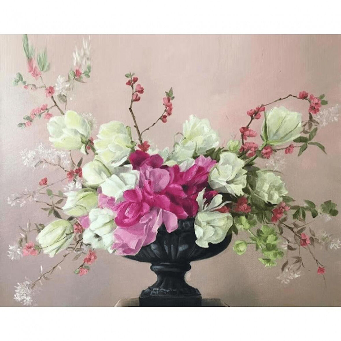 Canvas Siyah Vazodaki Çiçekler Sayılarla Boyama Seti  Kasnaklı 40 x 50 cm