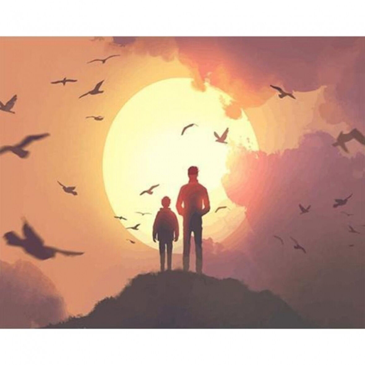 Canvas Güneş Doğarken Baba ve Oğul Sayılarla Boyama Seti  Kasnaklı 40 x 50 cm