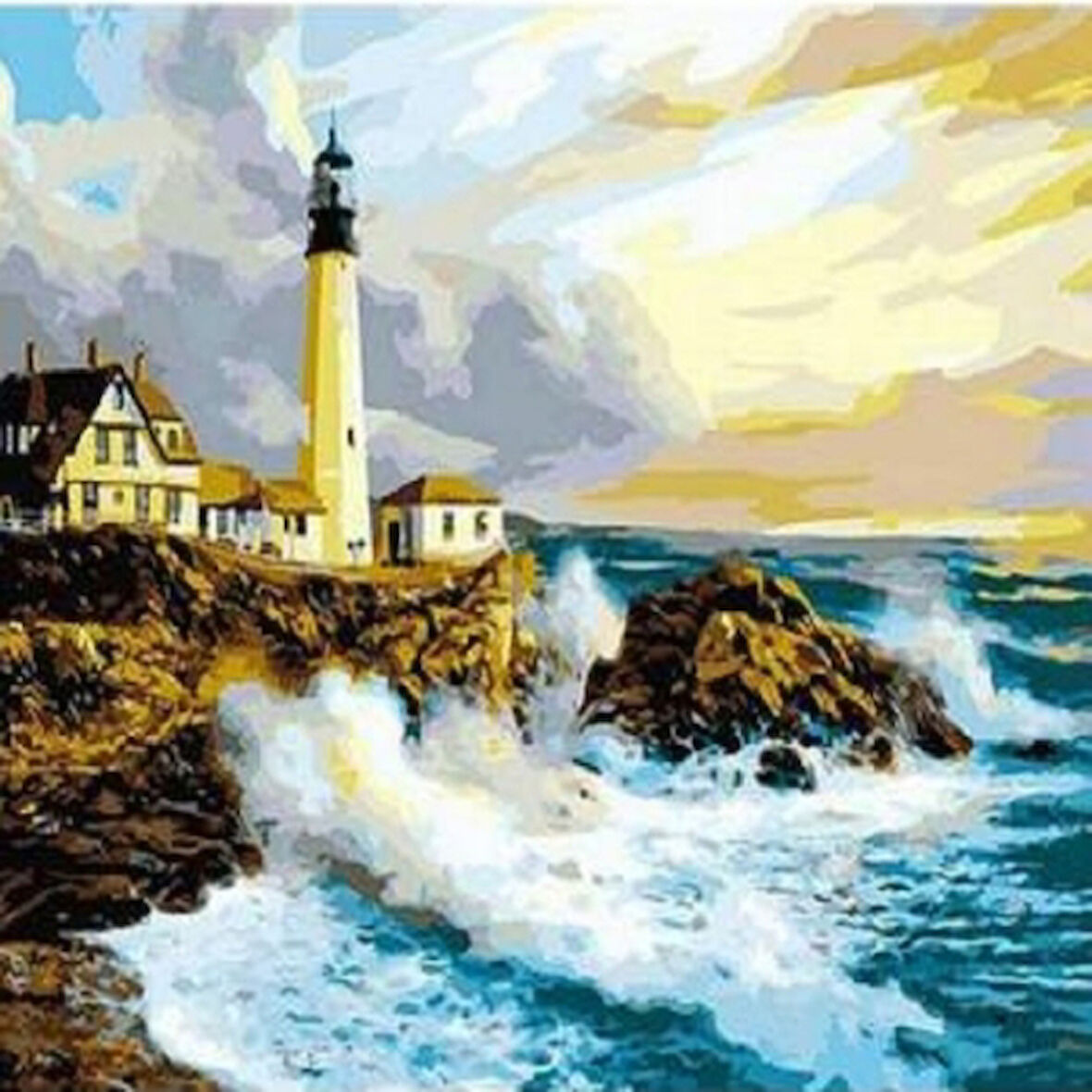 Canvas Deniz Feneri Ve Dalgalar Sayılarla Boyama Seti   Kasnaklı 40 x 50 cm