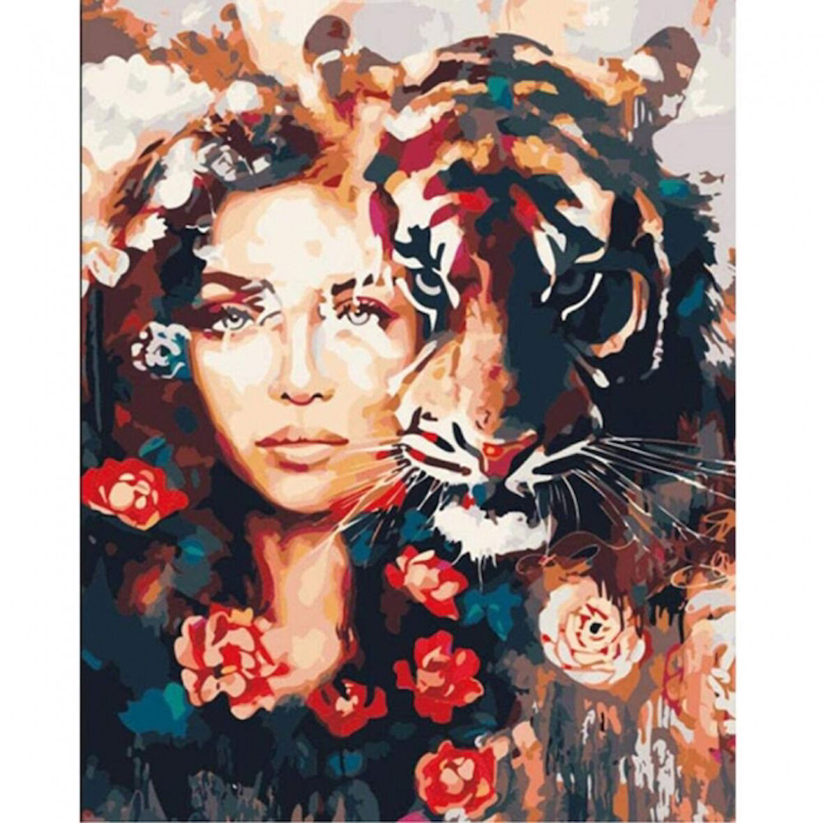 Canvas Kadın ve Kaplan Sevgisi Sayılarla Boyama Seti  Kasnaklı 40 x 50 cm