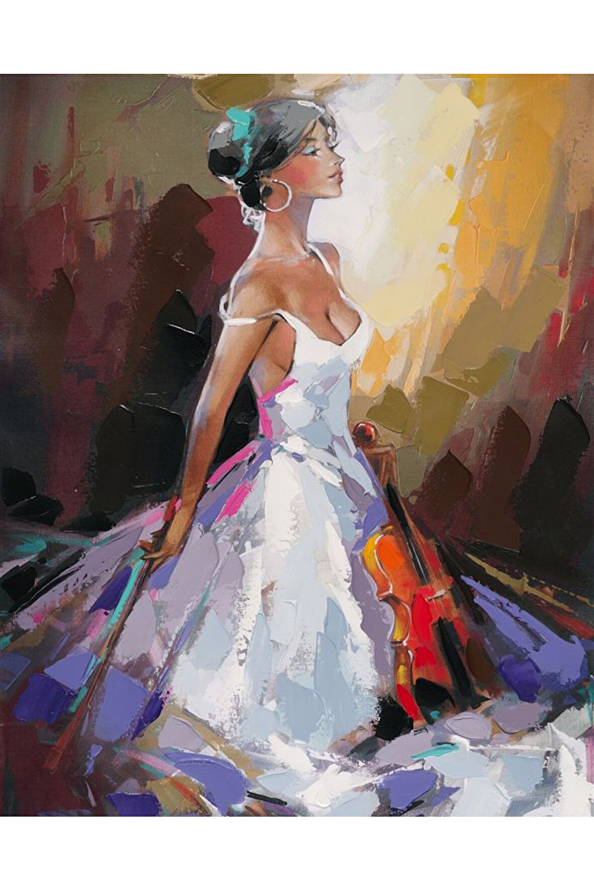 Canvas Beyaz Elbiseli Kemancı Sayılarla Boyama Seti   Kasnaklı 40 x 50 cm