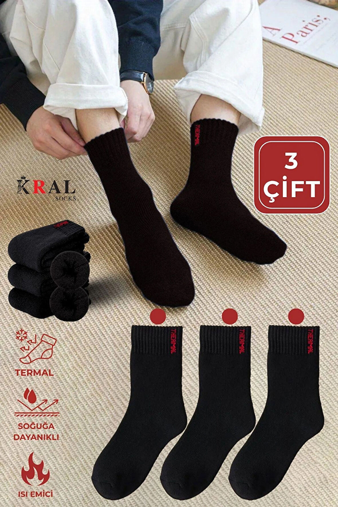 Termal Kışlık Kalın Çorap (3 - Çift) Erkek Kadın Unisex Pamuklu Havlu Çorabı