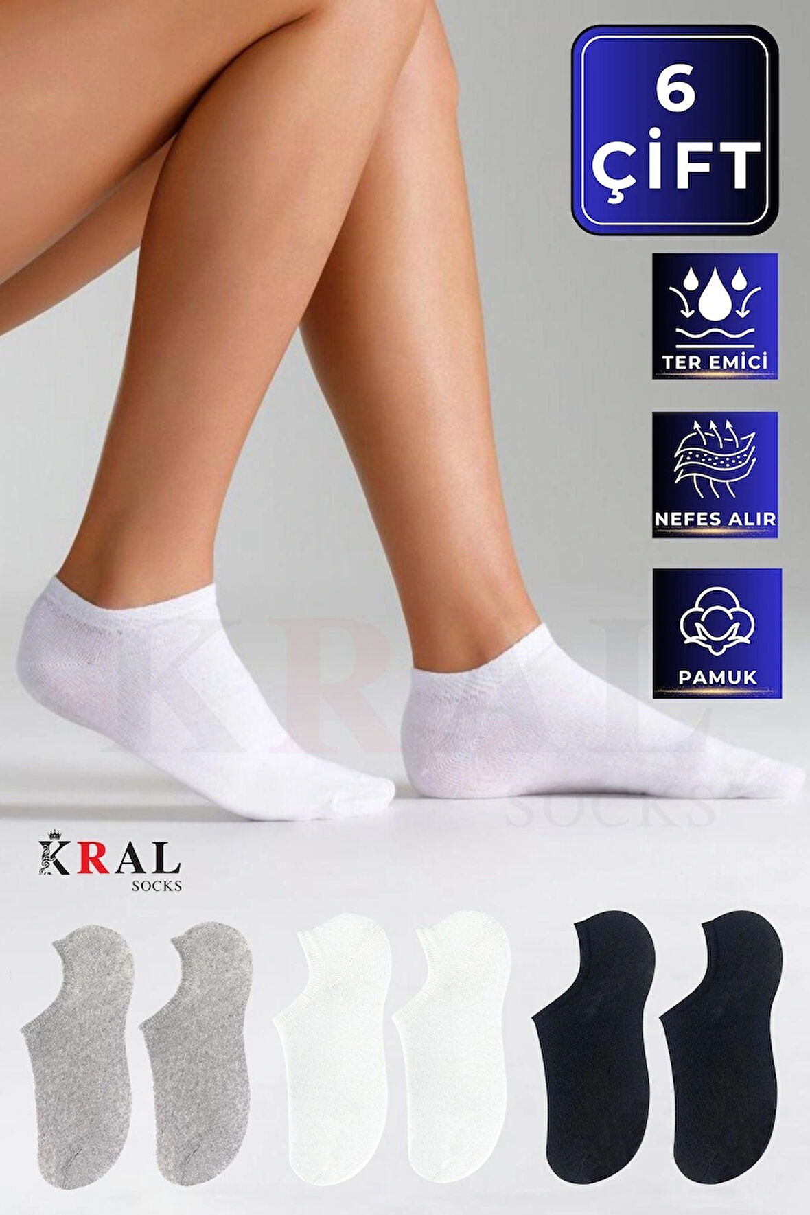 Kadın - Erkek Düz Desen (6 ÇİFT) Pamuklu Beden Mevsimlik Terletmez Görünmez Çorap