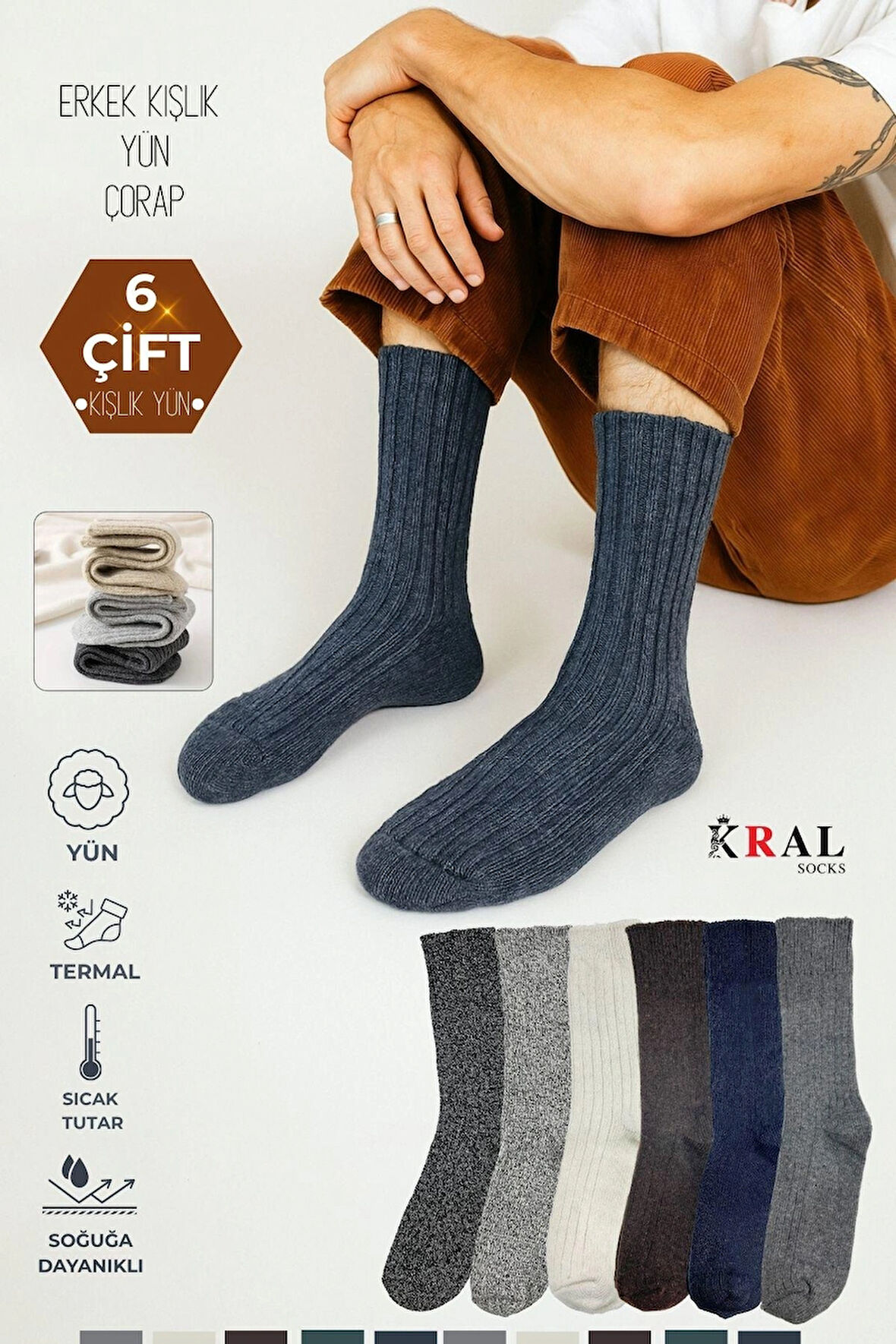 Erkek Kışlık (6 ÇİFT) Lambswool Yün Çorap Termal Etkili EBRULİ