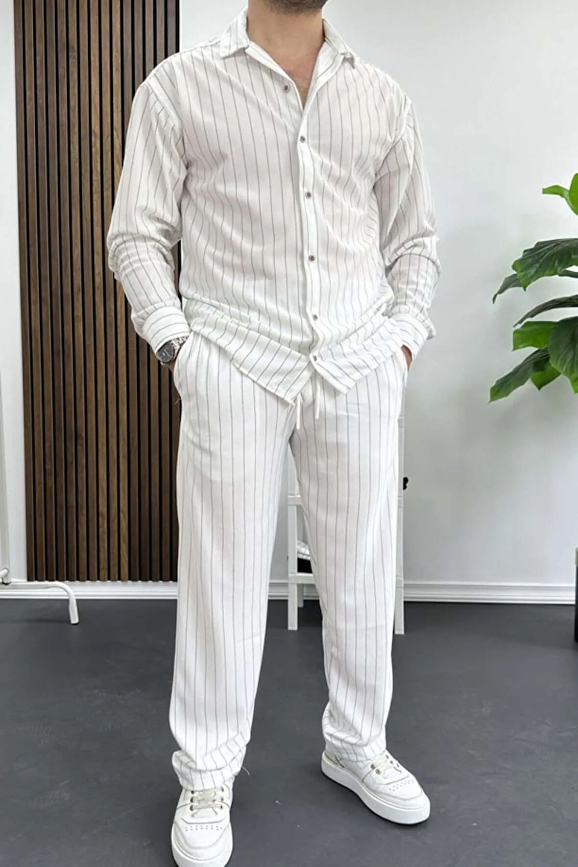 Alaçatı Stili Unisex Krep Kumaş Çizgili Gömlek ve Pantolon Takım