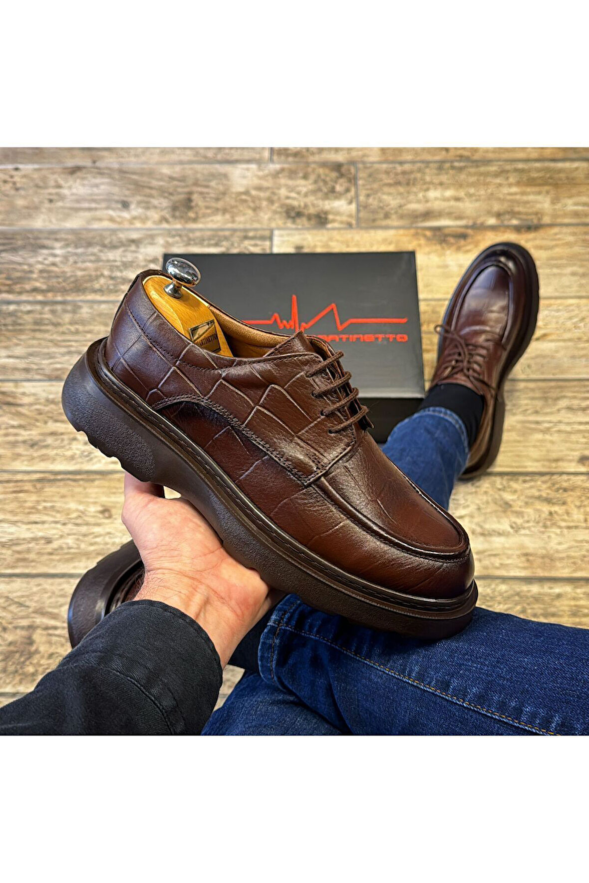 HAKİKİ DERİ KROKO DESENLİ POLİ KALIN TABAN GÜNLÜK ERKEK AYAKKABI