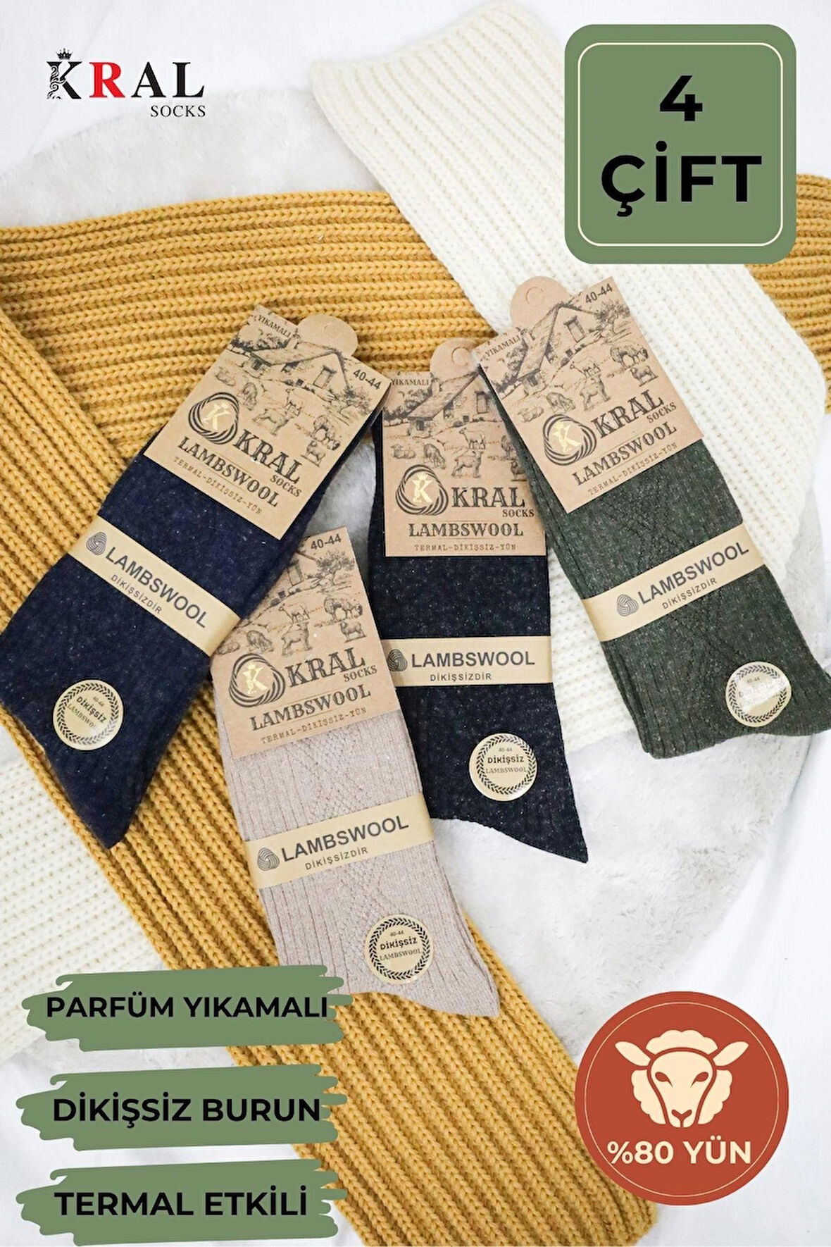 4'lü Kışlık Thermal Etkili Ince Örgülü Çorap, Lambswool Yünlü (kuzu Yünlü)