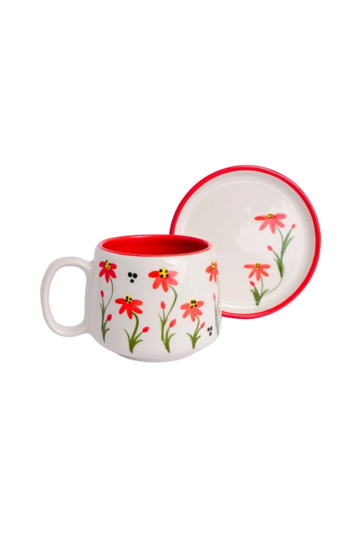 Kırmızı Çiçek Desenli Tabaklı Double Seramik El Yapımı Kupa, Seramik Kupa, Handmade, Kahve Kupası
