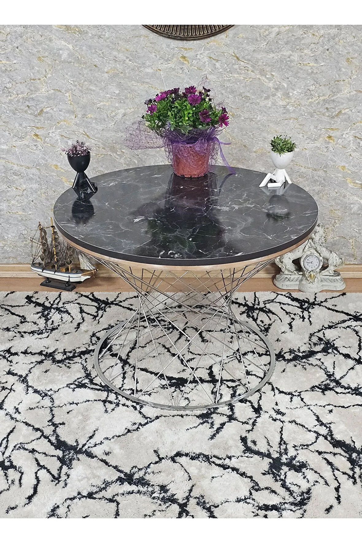 Krom Kaplama Siyah Mermer Gold Cumba Suntalem Tabla Pota Orta Sehpa - 3 1 Sehpa - Orta Sehpa