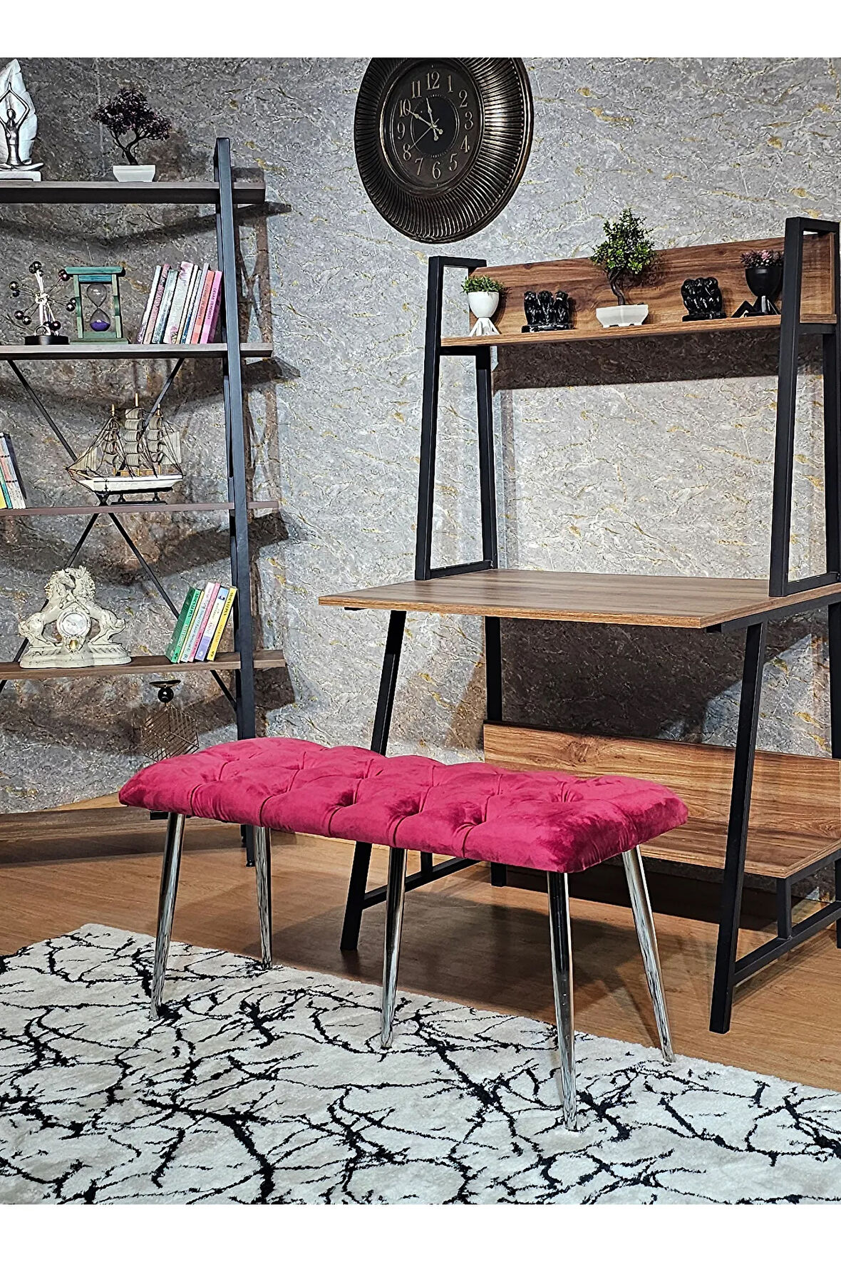 Krom Metal Yeşil Oturaklı Sivriltme Ayaklı Babyface Puf & Bench & Oturak