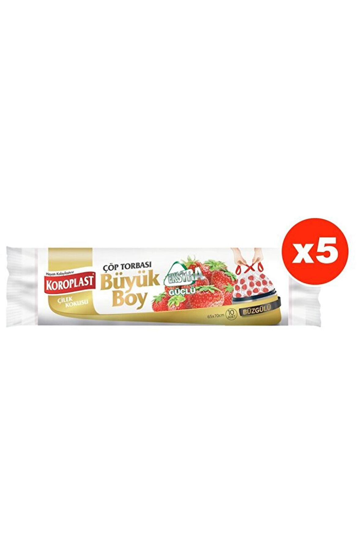 Ekstra Güçlü Çilek Büzgülü Büyük Boy 10lu Çöp Torbası X 5 Paket (65*70 Cm)