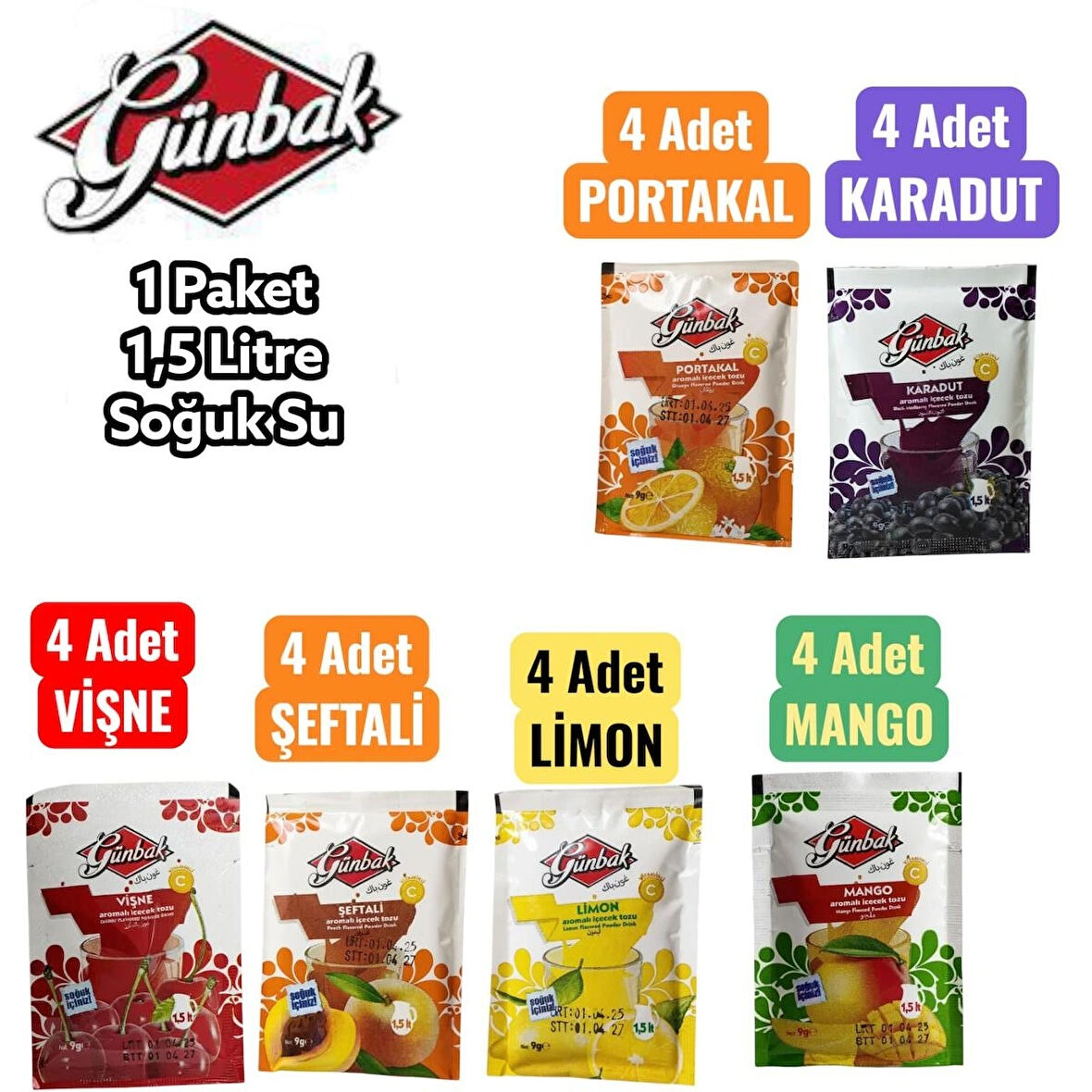 Aromalı Toz İçecek Karışık Set: Vişne-Portakal-Limon-Mango-Karadut-Şeftali (9gr X 24 Adet)