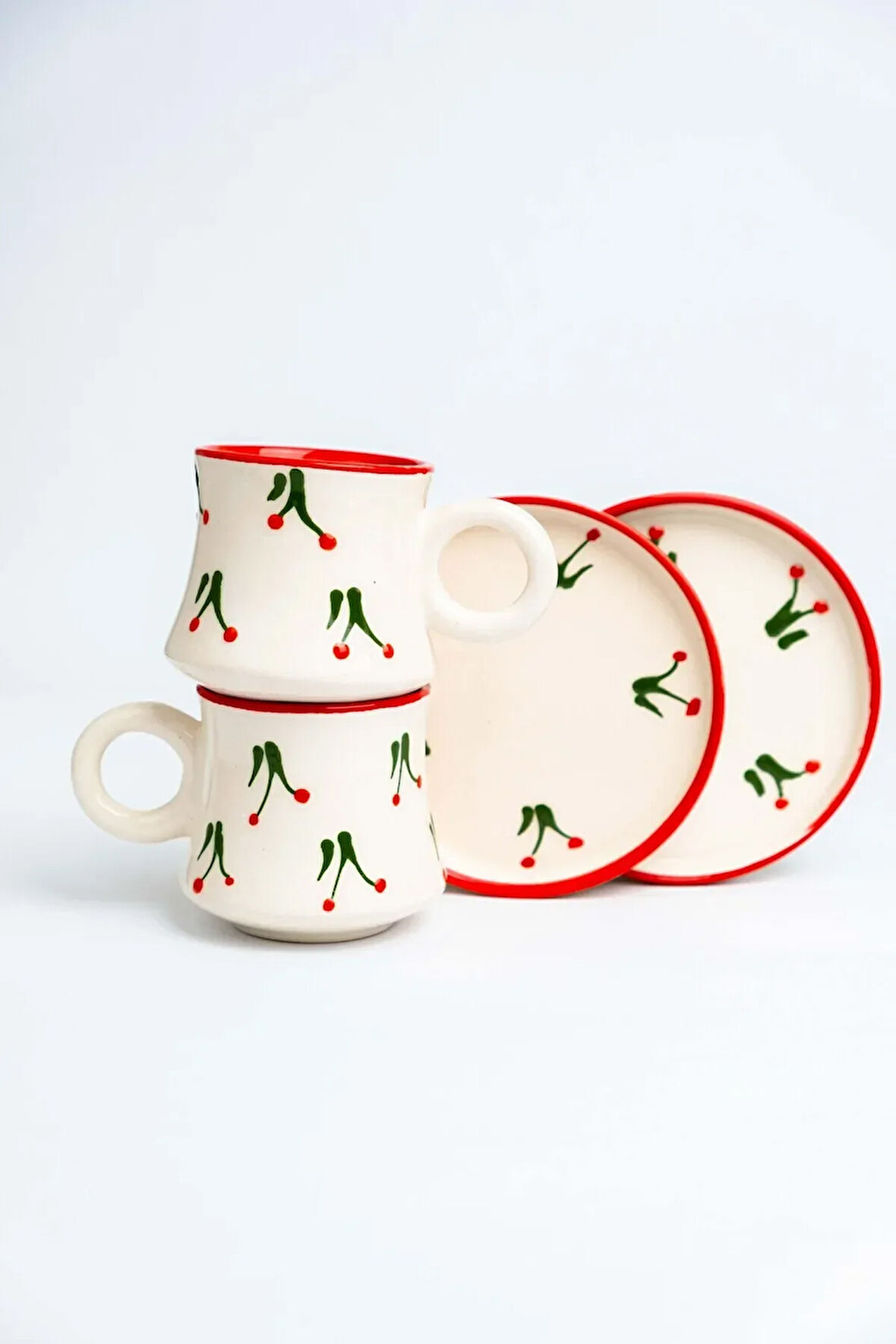 2’li Takım Kirazlı Desenli El Yapımı kazan Seramik Kahve Fincanı, Kahve Fincanı