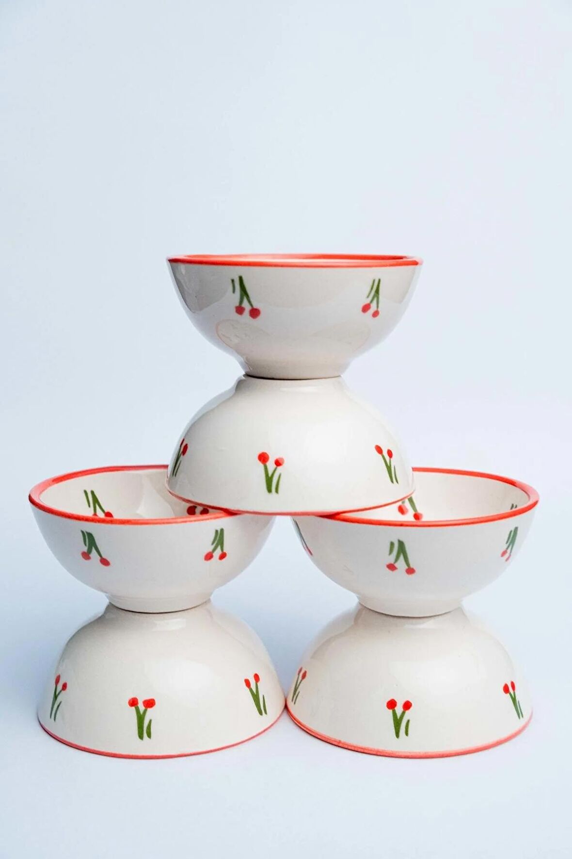 6 Adet Kiraz desenli 8 cm Seramik Çerezlik Sosluk Reçellik Kahvaltılık Sunumluk Kase,hand made