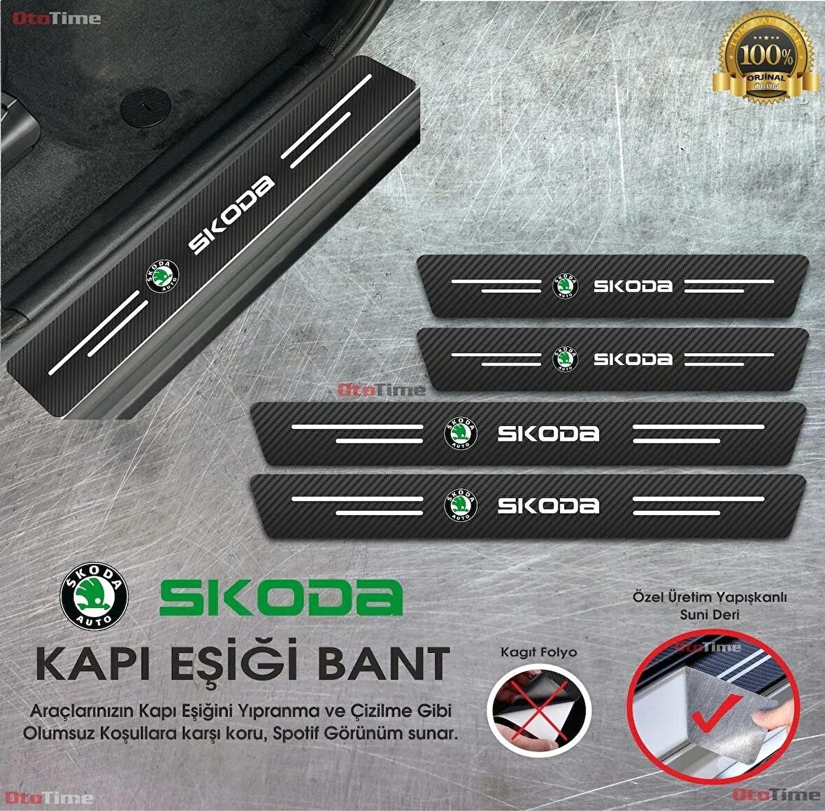 Skoda Logolu Karbon Kapı Eşiği Koruyucu Bant Folyo 4'lü Set