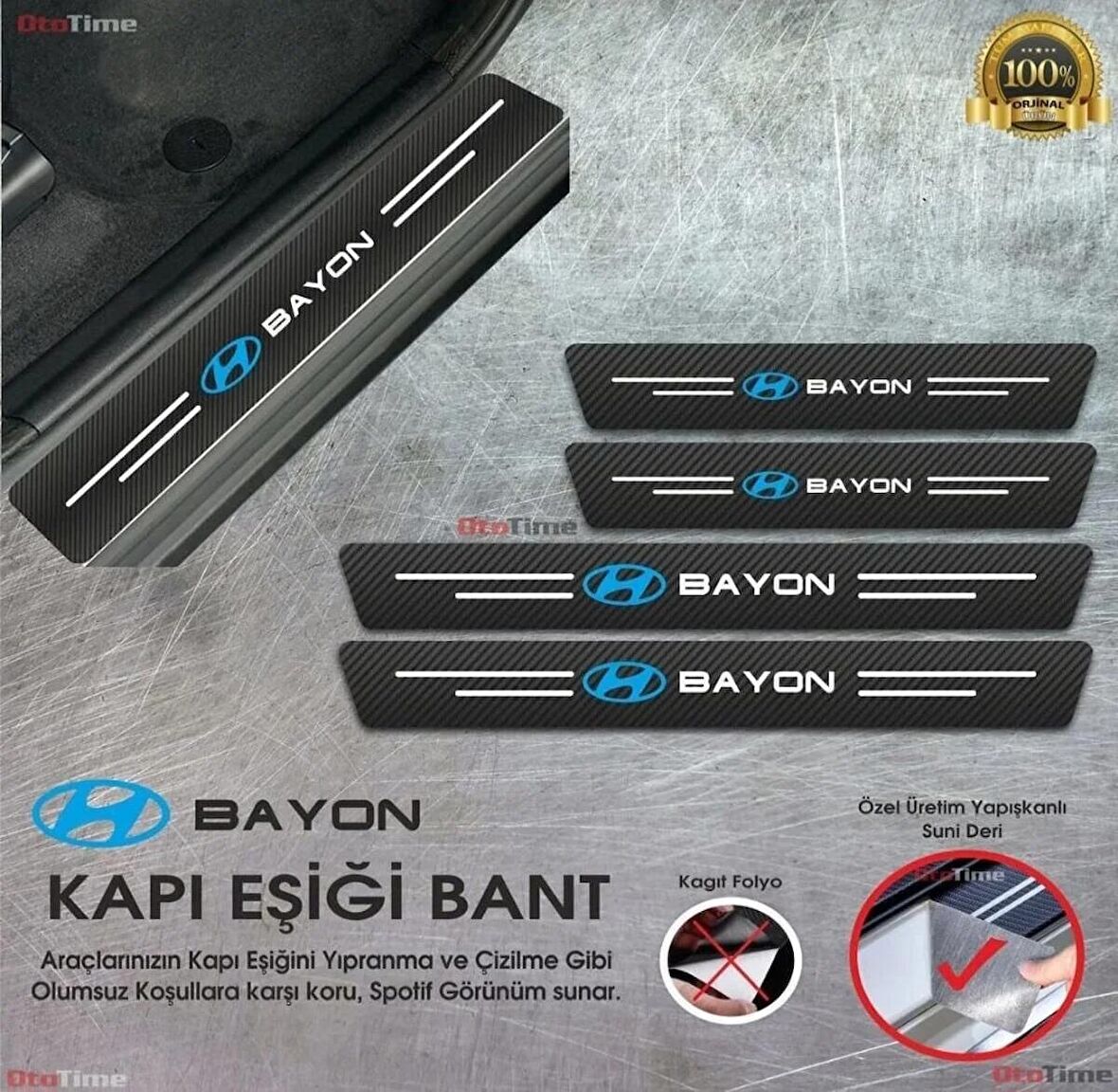 Hyundai Bayon Logolu Karbon Kapı Eşiği Koruyucu Bant Folyo 4'lü Set