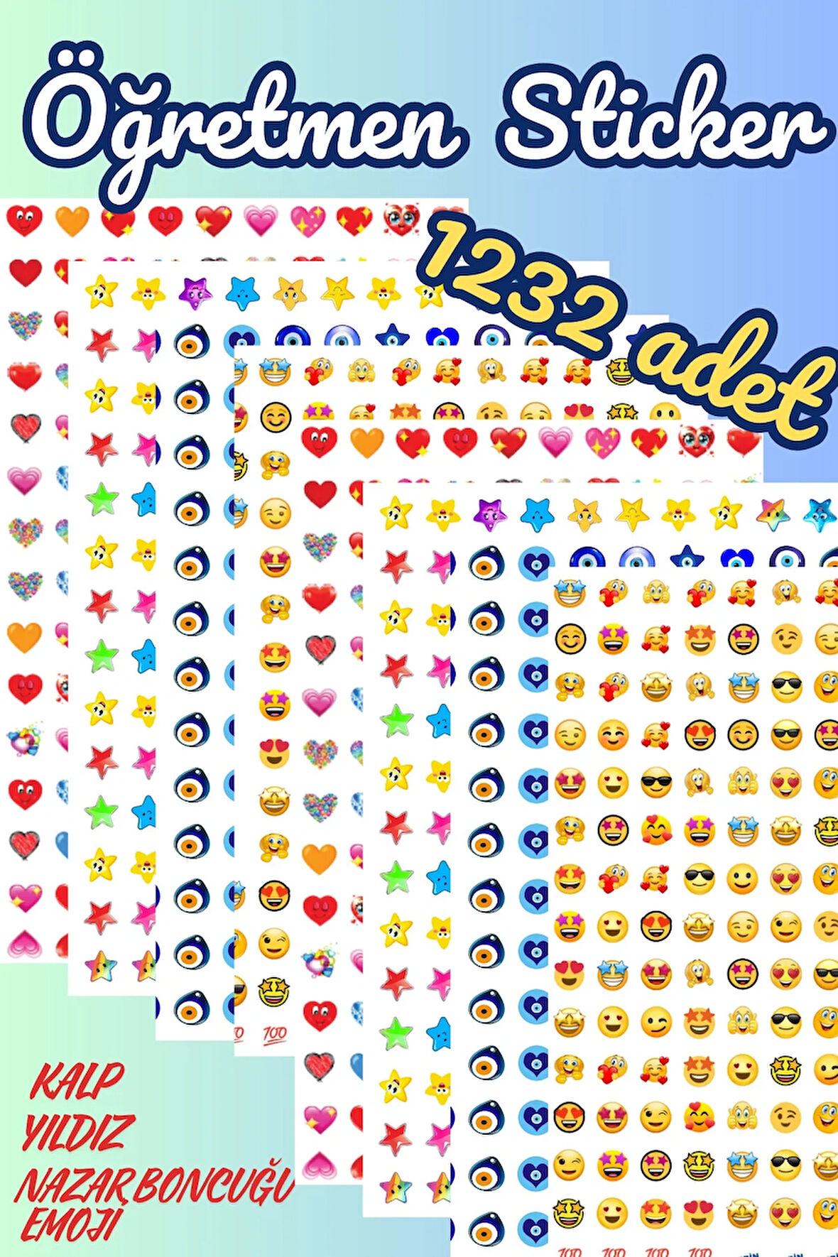 Öğretmen Okul Sticker Motivasyon Emoji Kalp Yıldız Nazar Boncuğu 1232 Adet