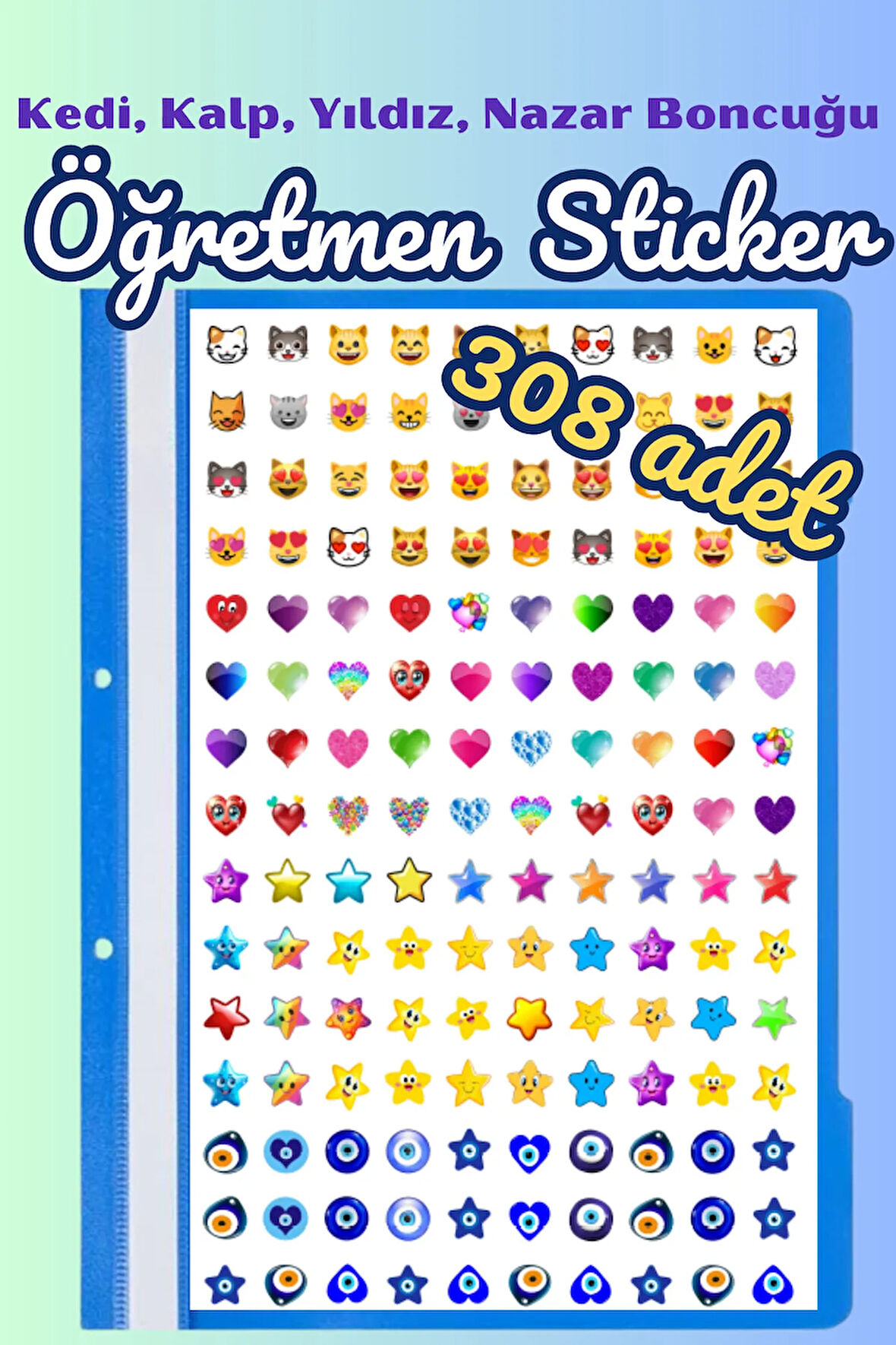 Öğretmenler Için Motivasyon Sticker Seti 308 Adet Karışık Kedi Emoji, Kalp, Yıldız, Nazar Boncuğu