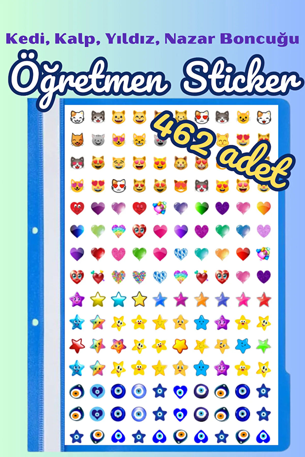 Öğretmenler Için Motivasyon Sticker Seti 462 Adet Karışık Kedi Emoji, Kalp, Yıldız, Nazar Boncuğu